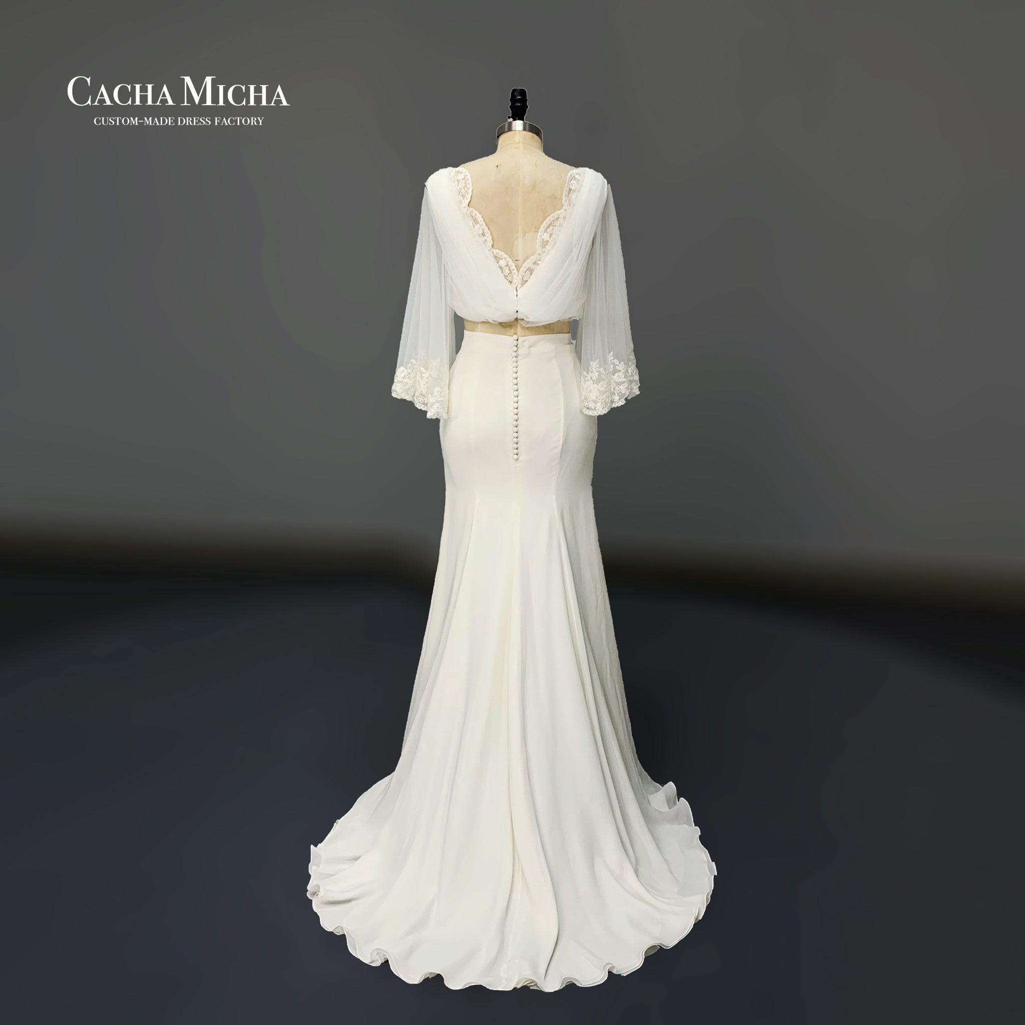 Long sleeves chiffon skirt 2 pieces wedding dress O356