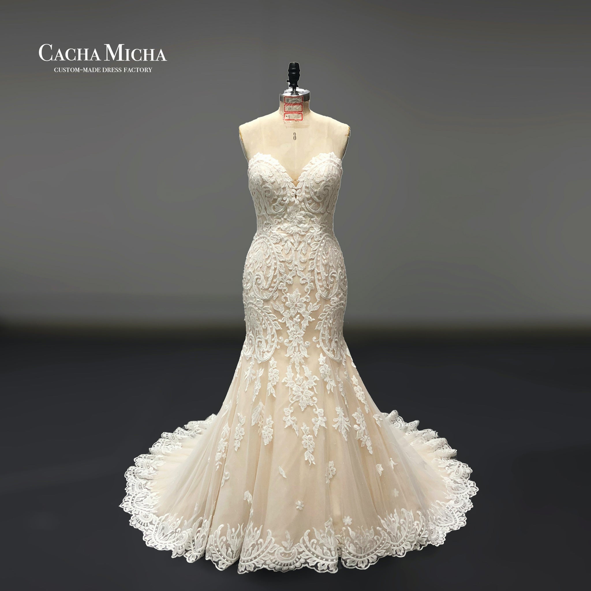 lace sweetheart champagne mermaid wedding gown O360