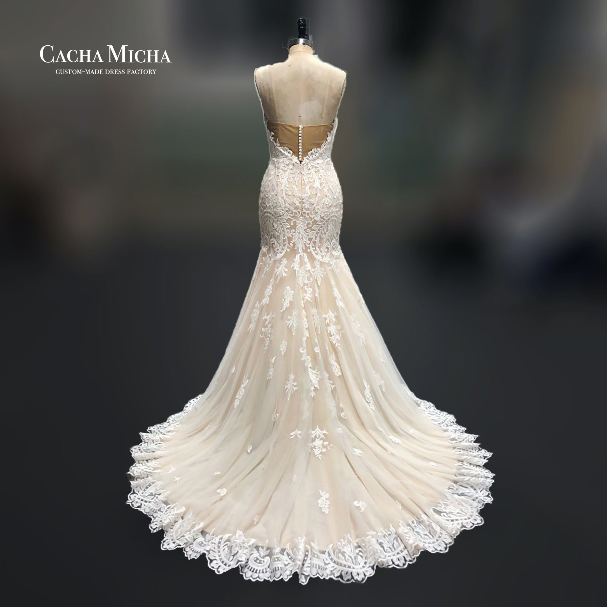 lace sweetheart champagne mermaid wedding gown O360