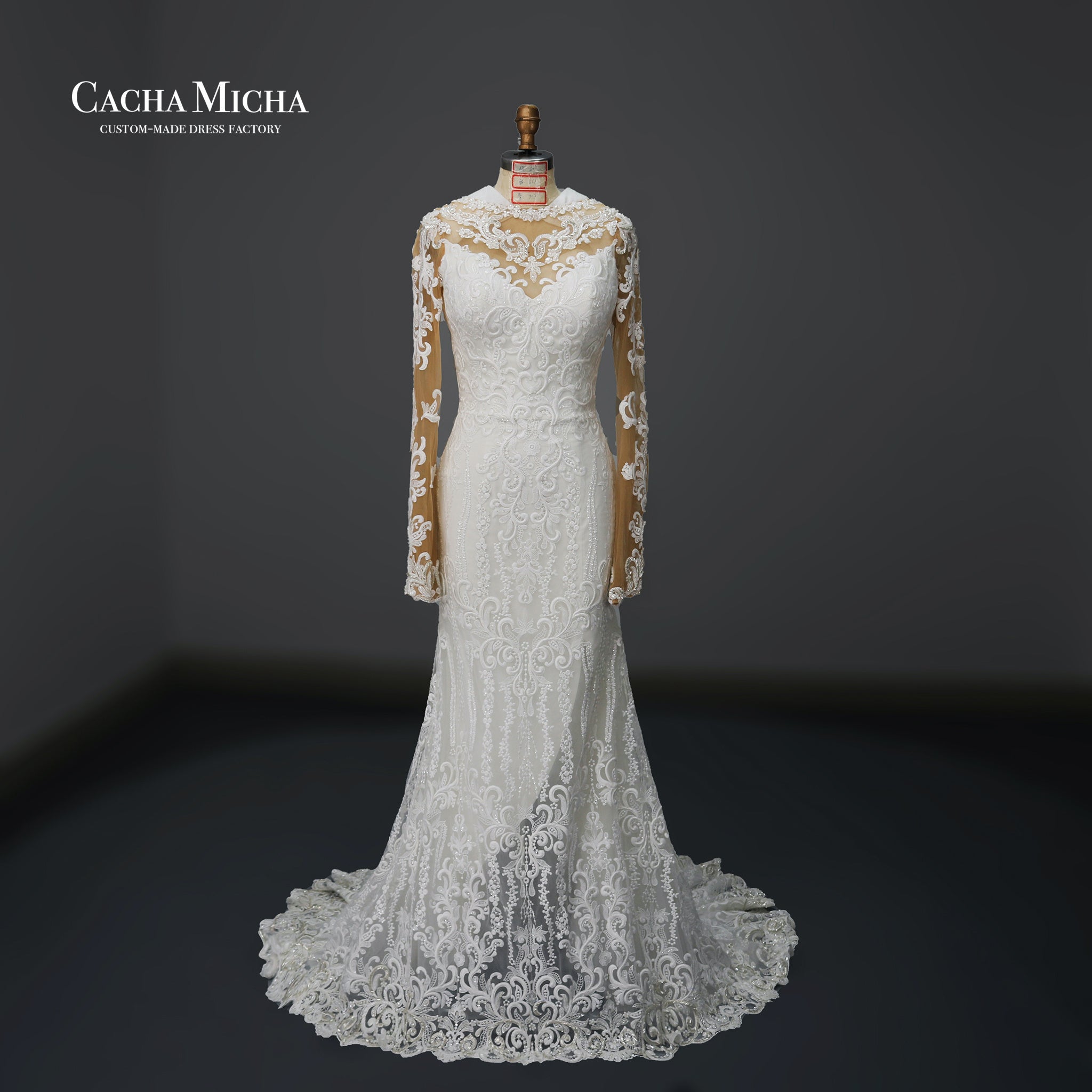 Illusion back long sleeves lace mermaid wedding dress O404