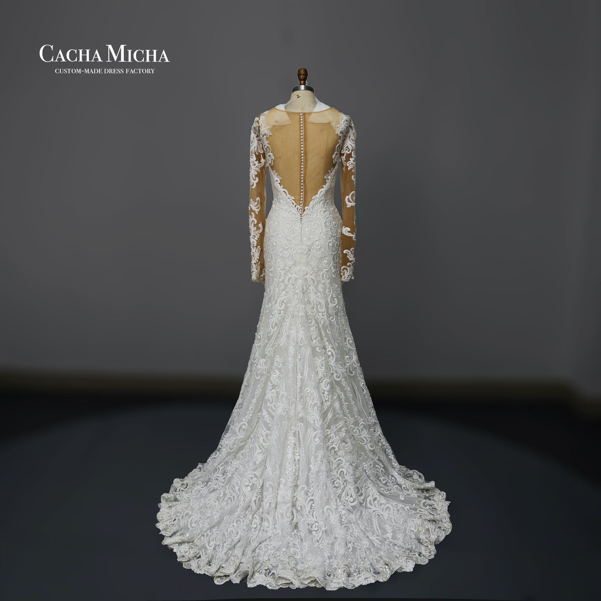 Illusion back long sleeves lace mermaid wedding dress O404