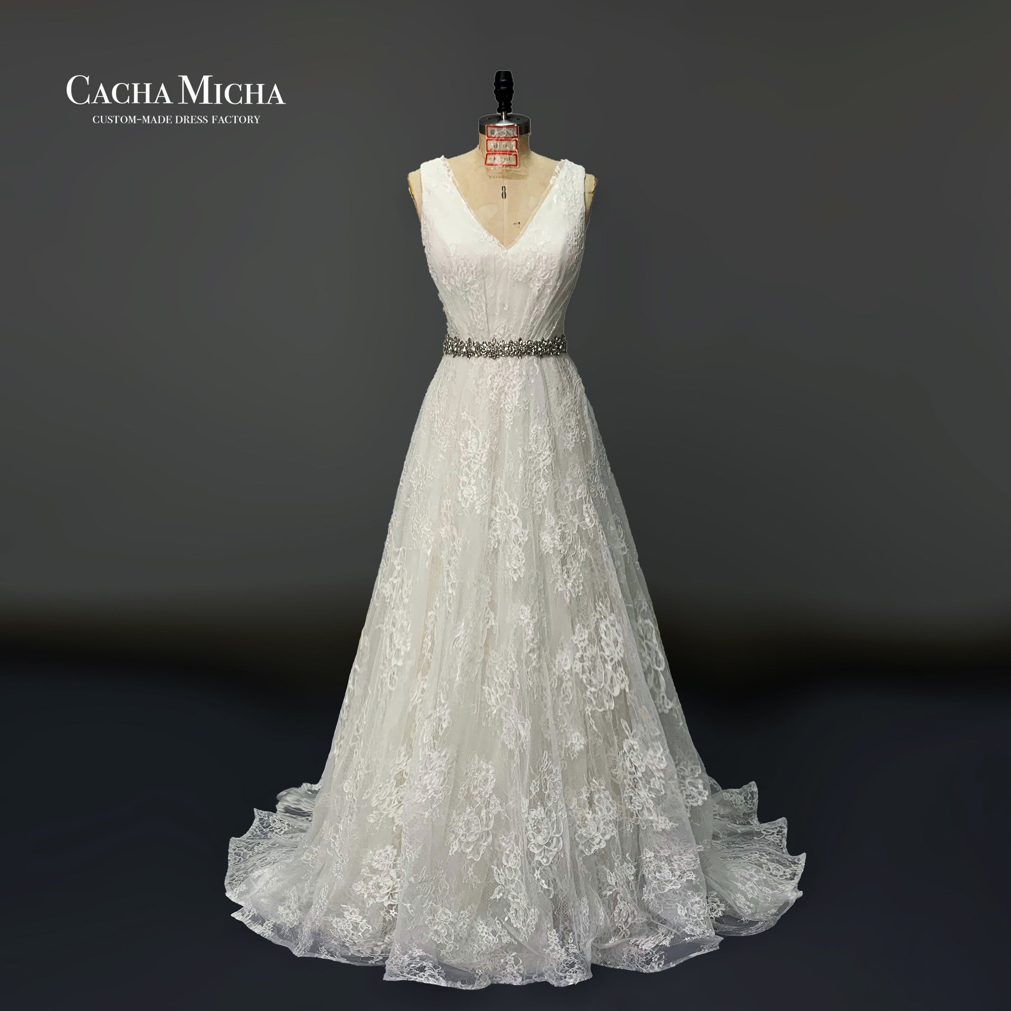 Beaded belt elegant a line french lace bridal dress O406