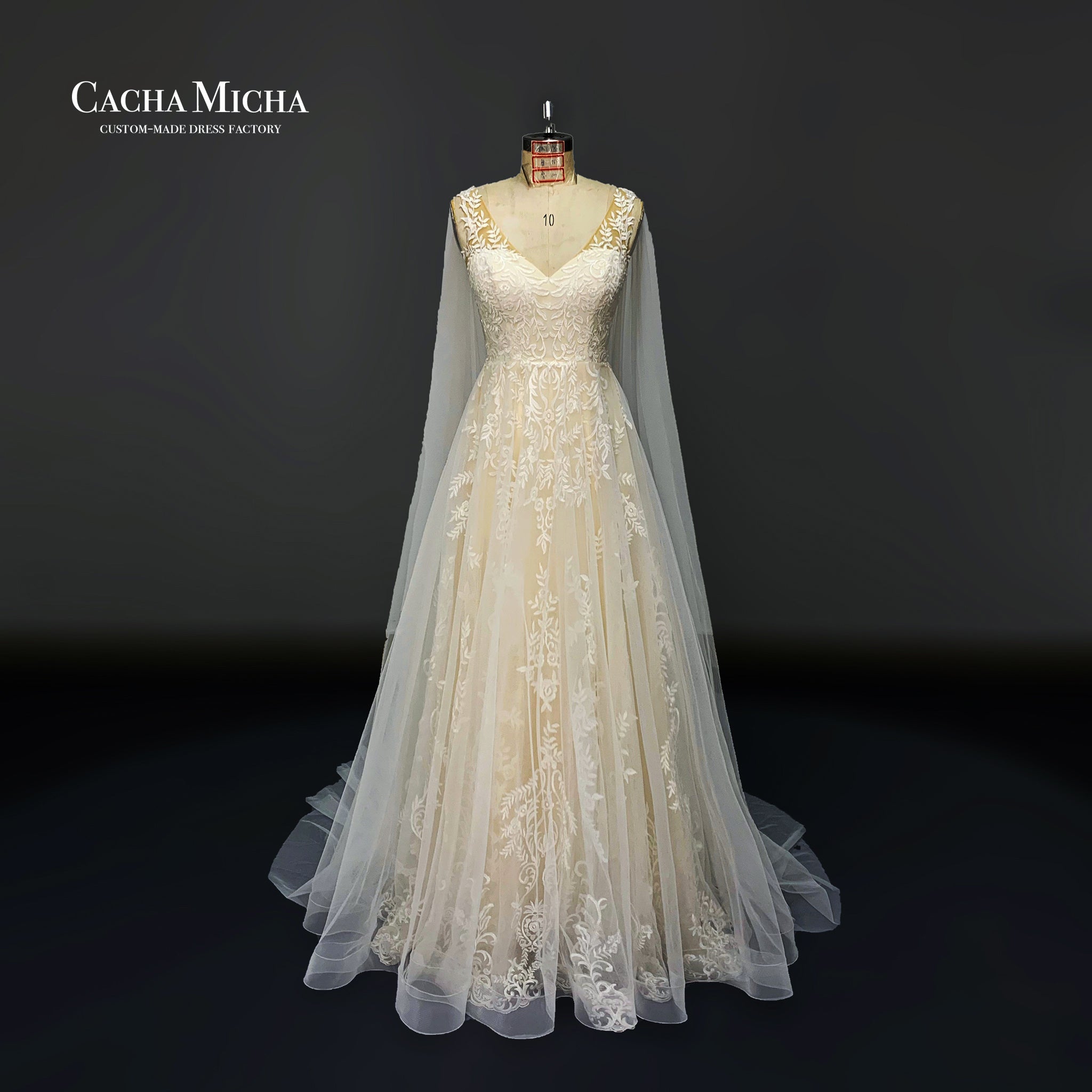 Flowy Lace A Line Champagne Bridal Wedding Dress O416