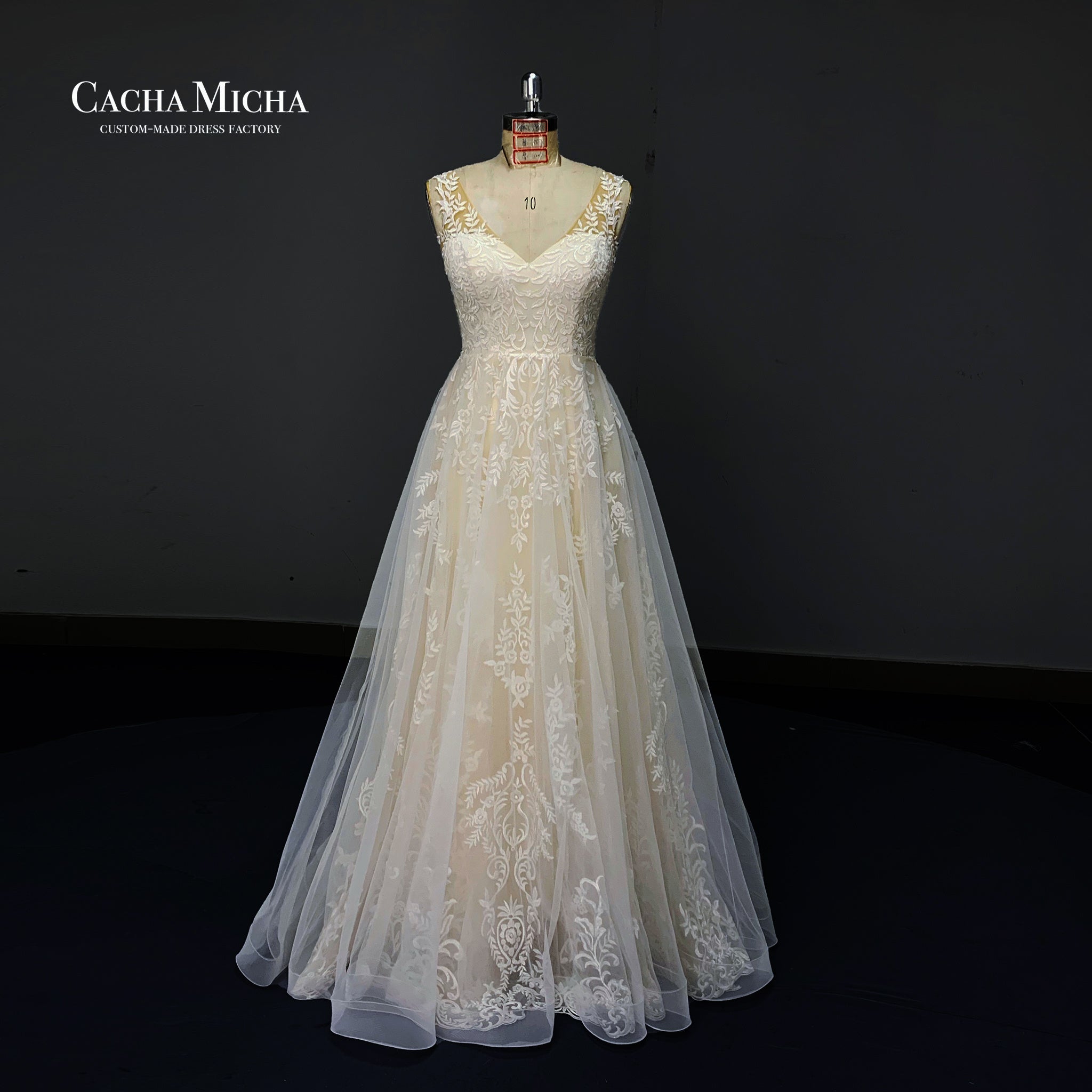 Flowy Lace A Line Champagne Bridal Wedding Dress O416