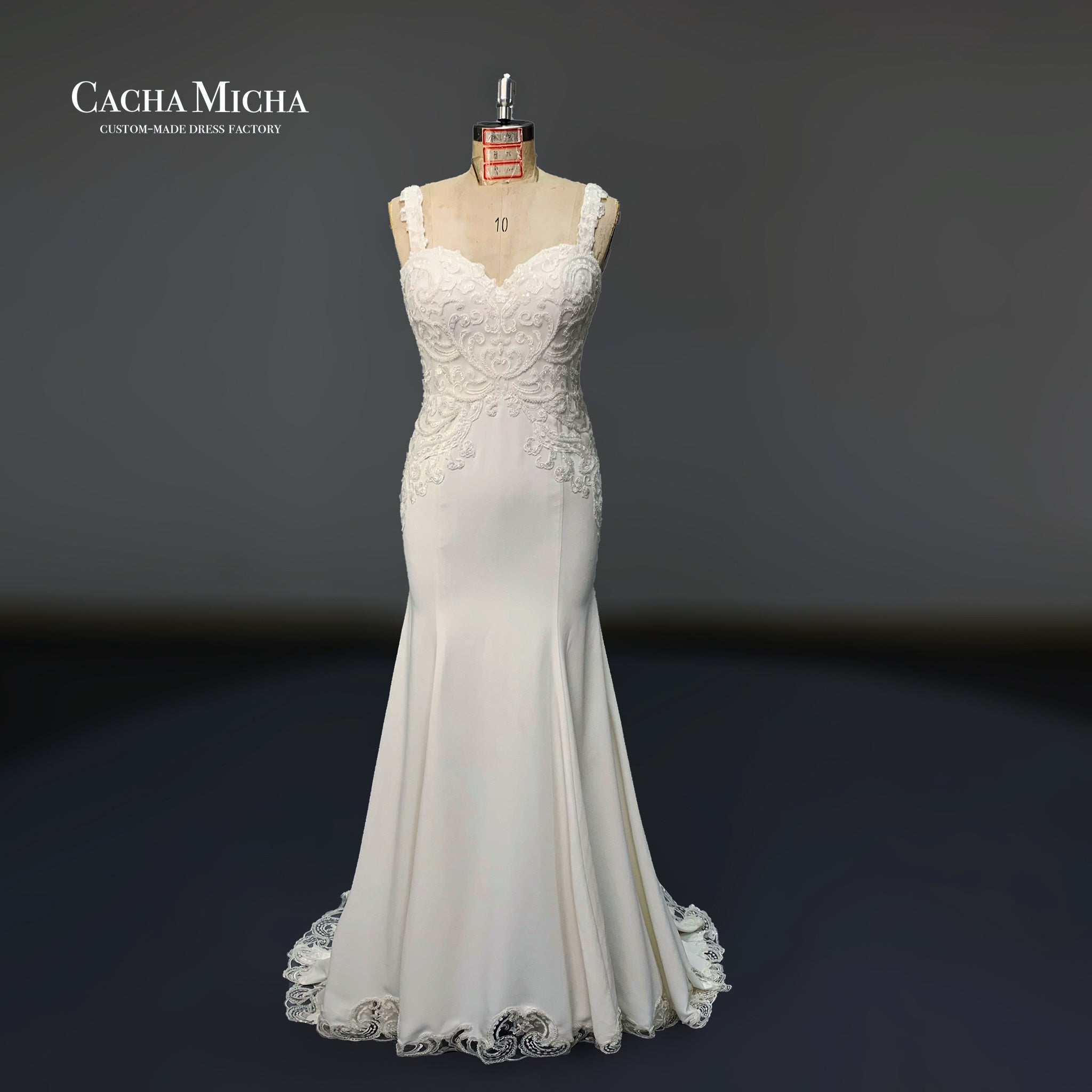 Illusion Trimming Heavy Beaded Crepe Mermaid Bridal Gown O425