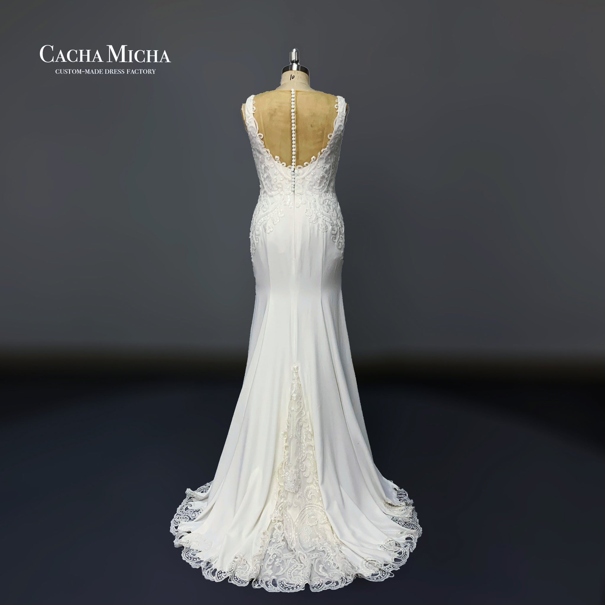 Illusion Trimming Heavy Beaded Crepe Mermaid Bridal Gown O425