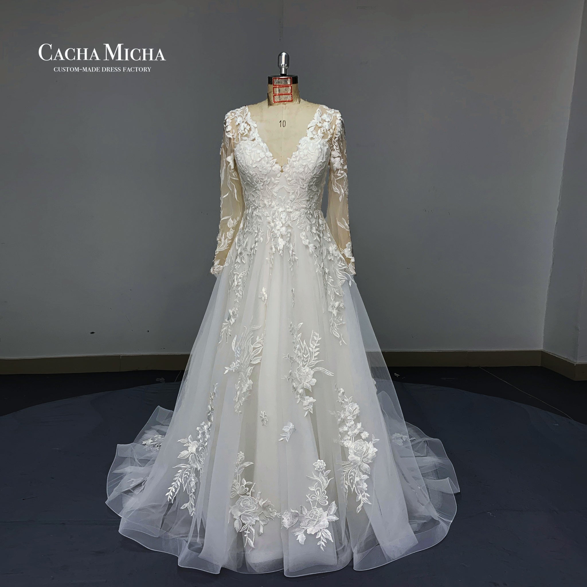 Elegant Long Sleeves Lace A Line Bridal Dress O426