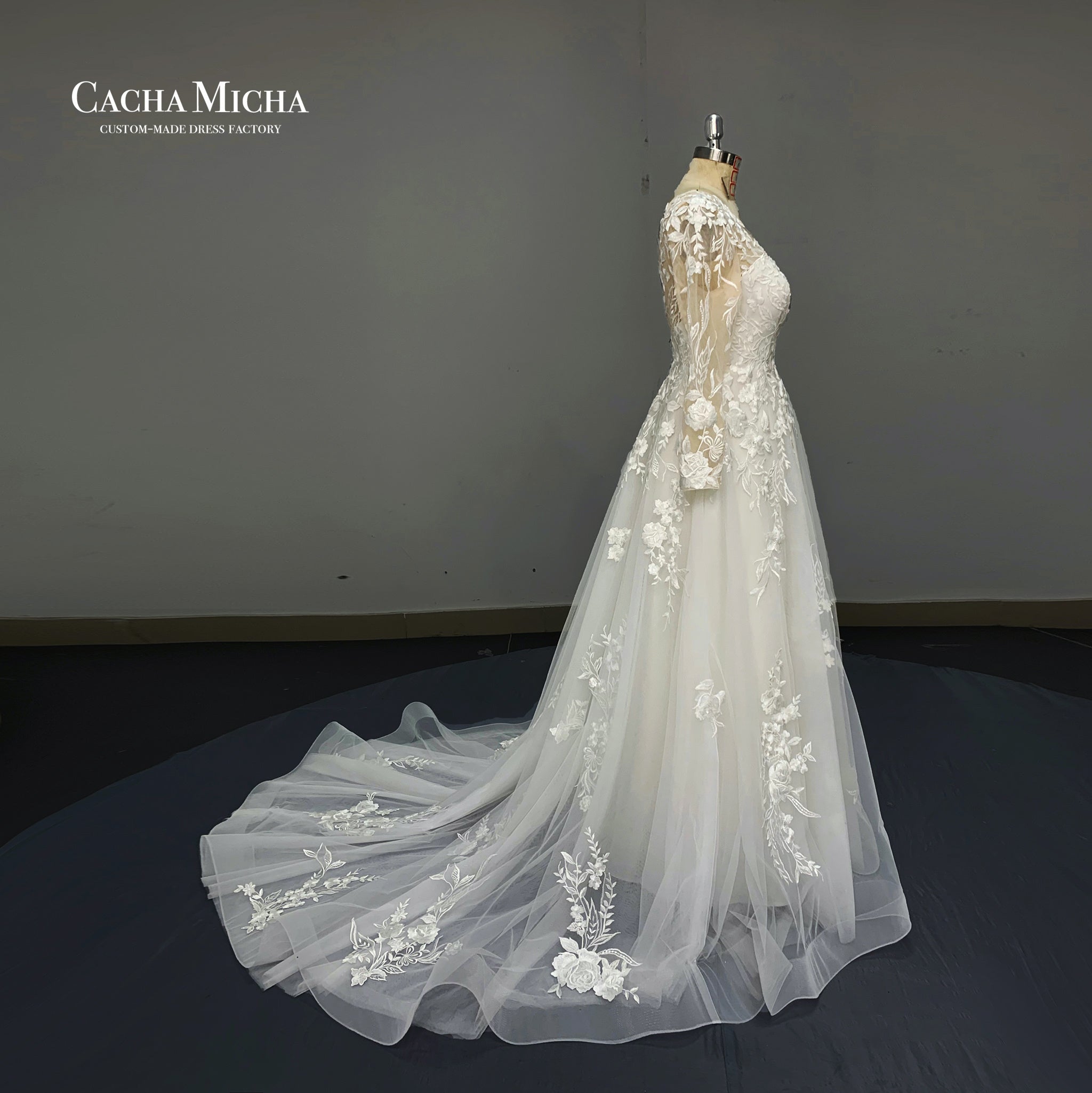 Elegant Long Sleeves Lace A Line Bridal Dress O426