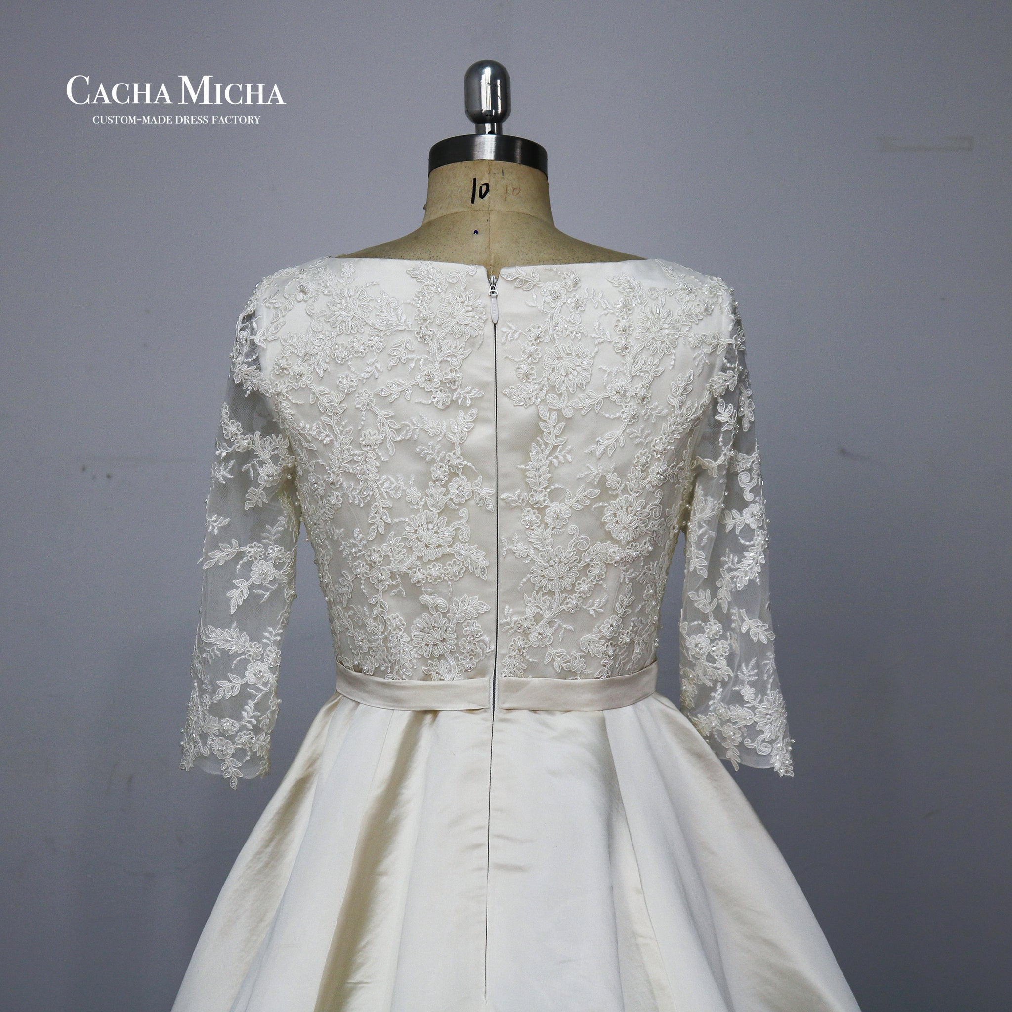 Long sleeves silk duches satin wedding gown O441