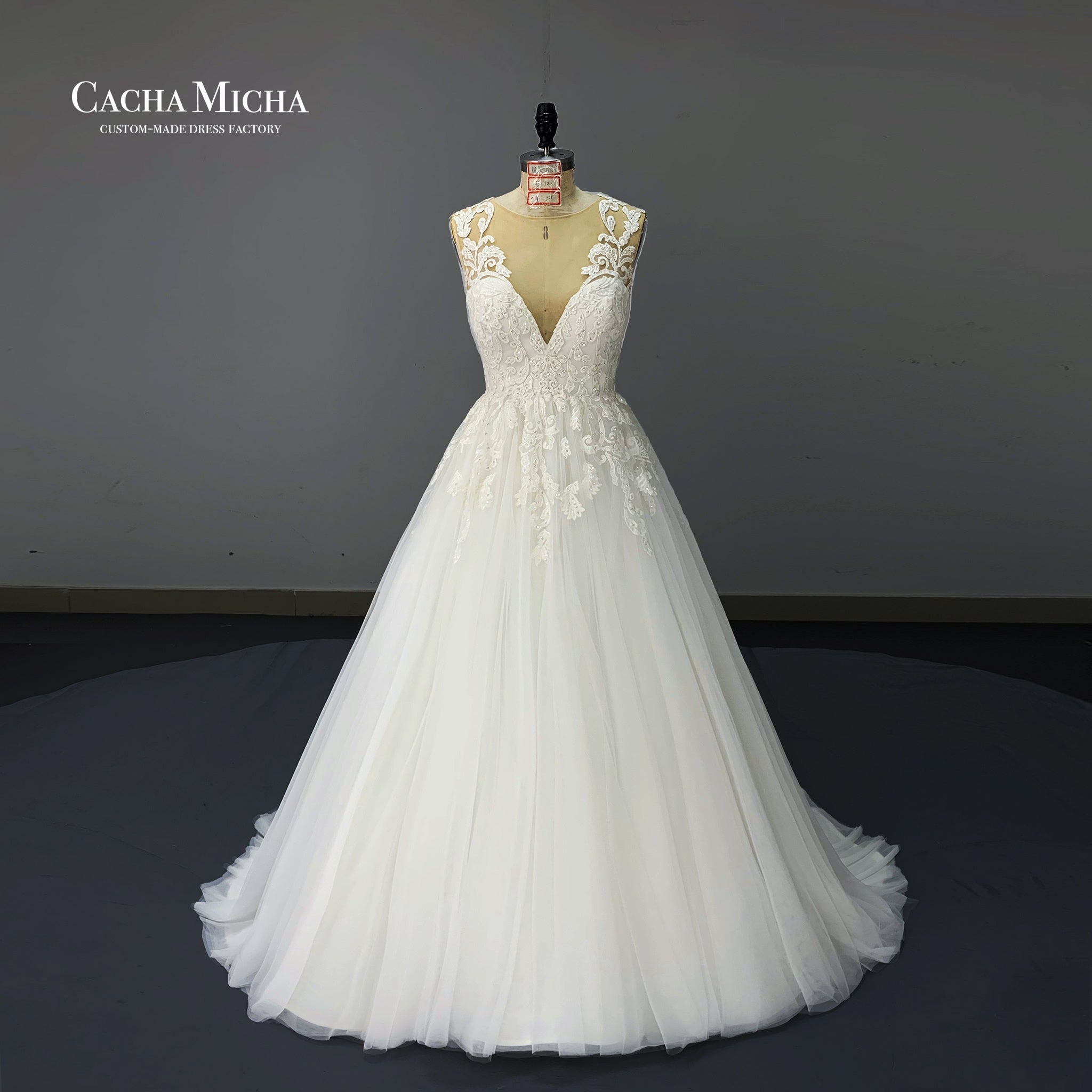 Beaded Symmetrical Lace Ball Gown Bridal Dress O467