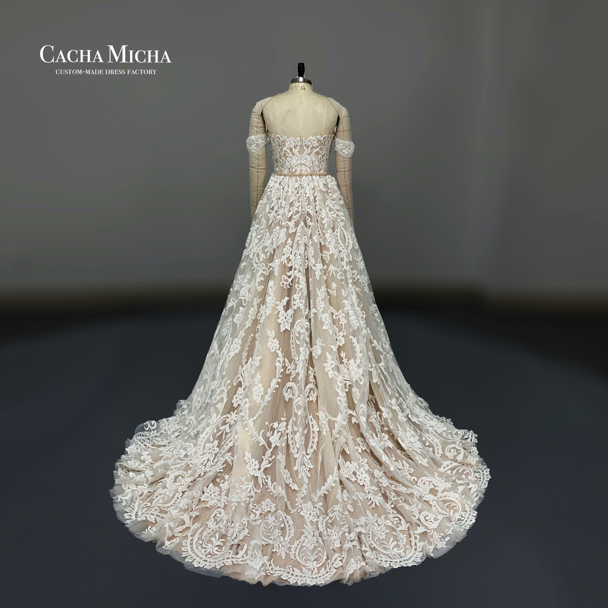 lace top crepe skirt wedding gown with detachable over skirt O484