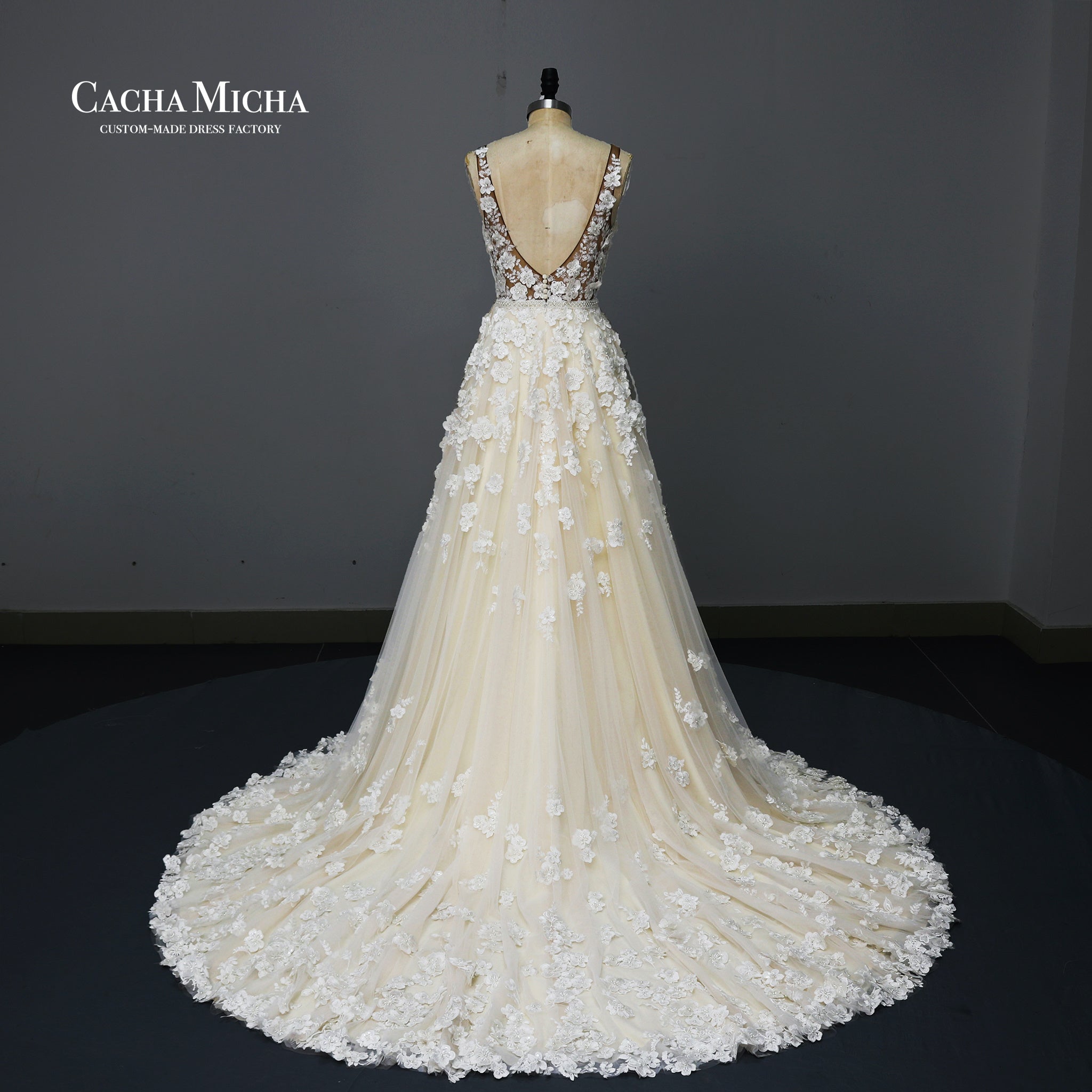 luxury 3D flower lace a line wedding dress O501