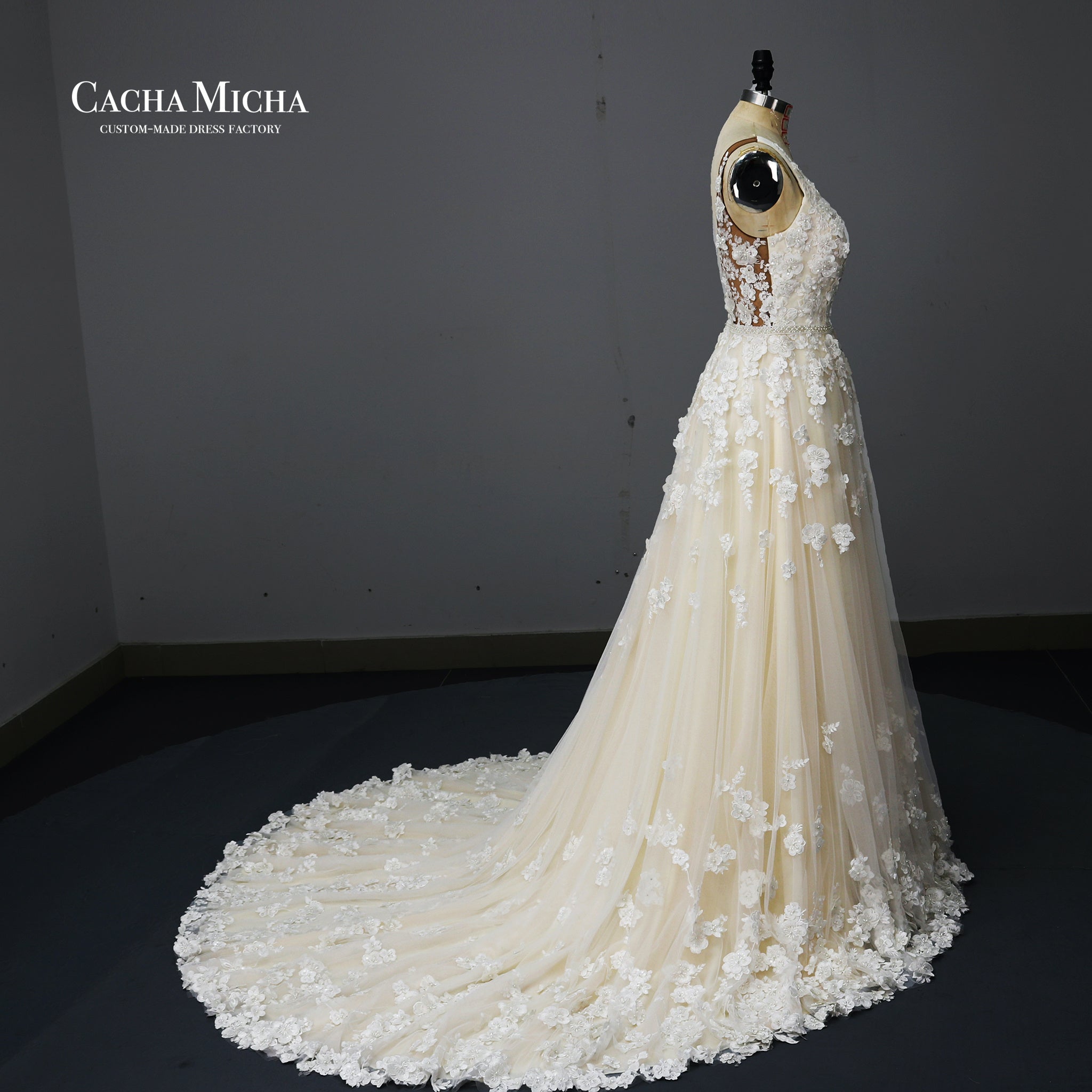 luxury 3D flower lace a line wedding dress O501