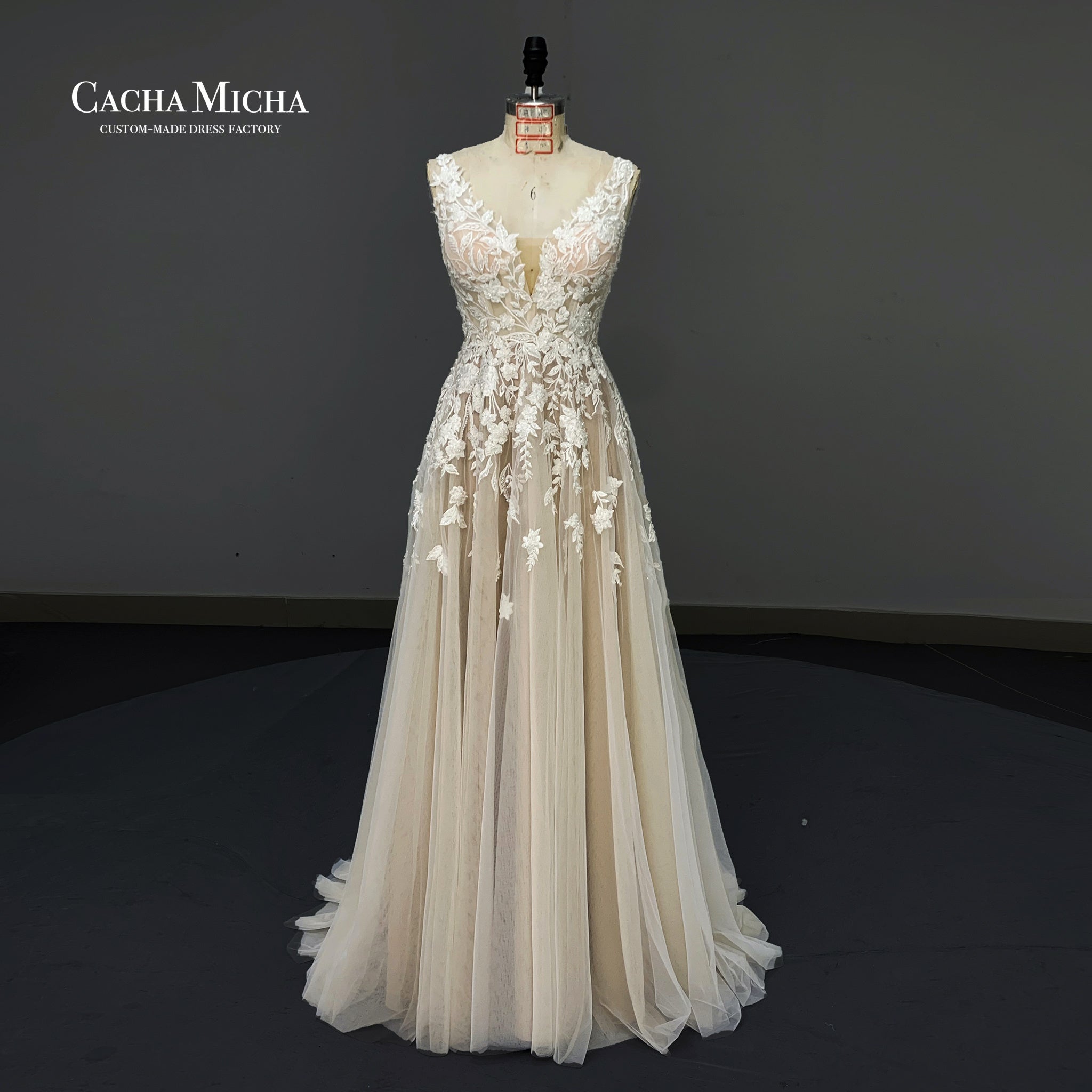 heavy beaded lace champagne wedding dress O505