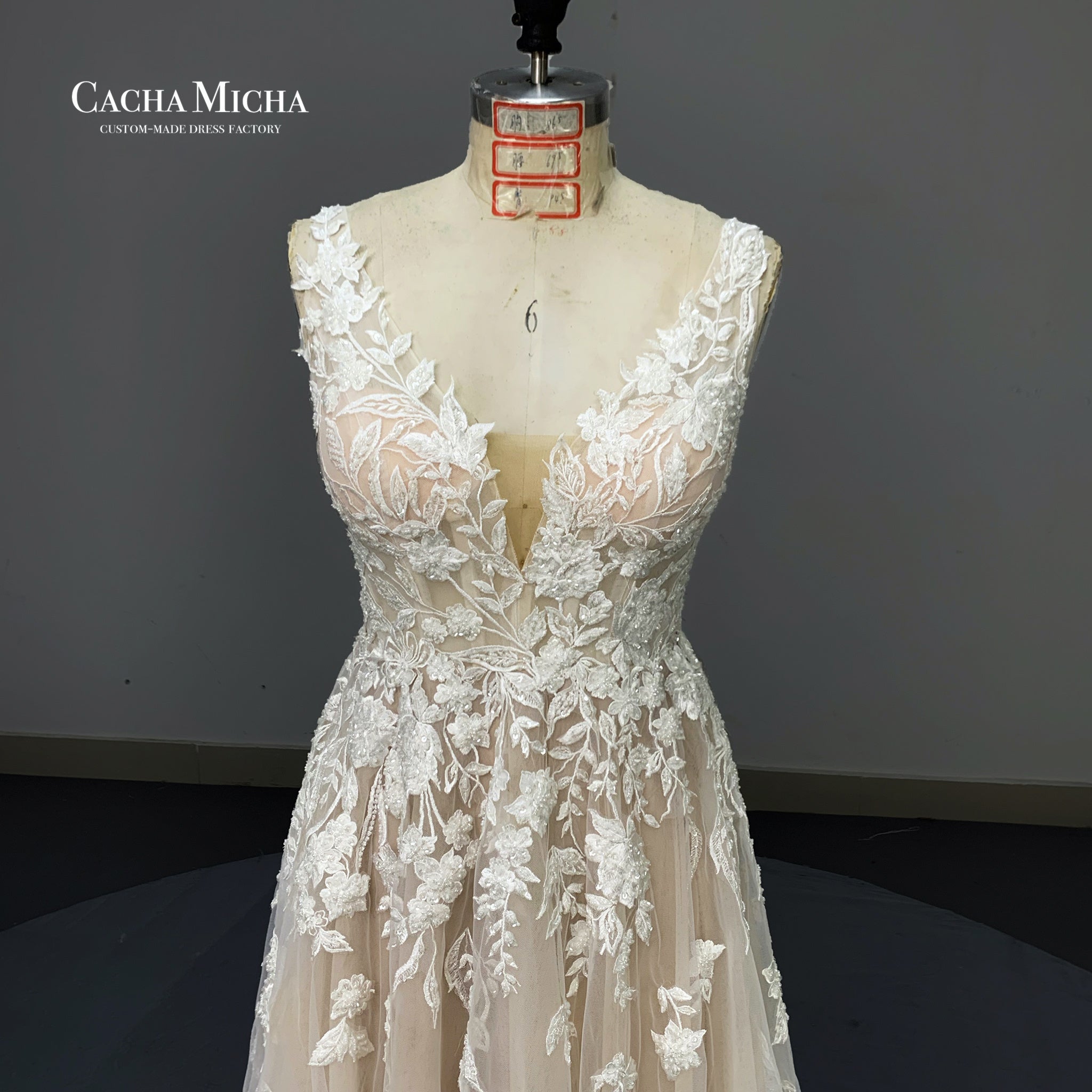 heavy beaded lace champagne wedding dress O505