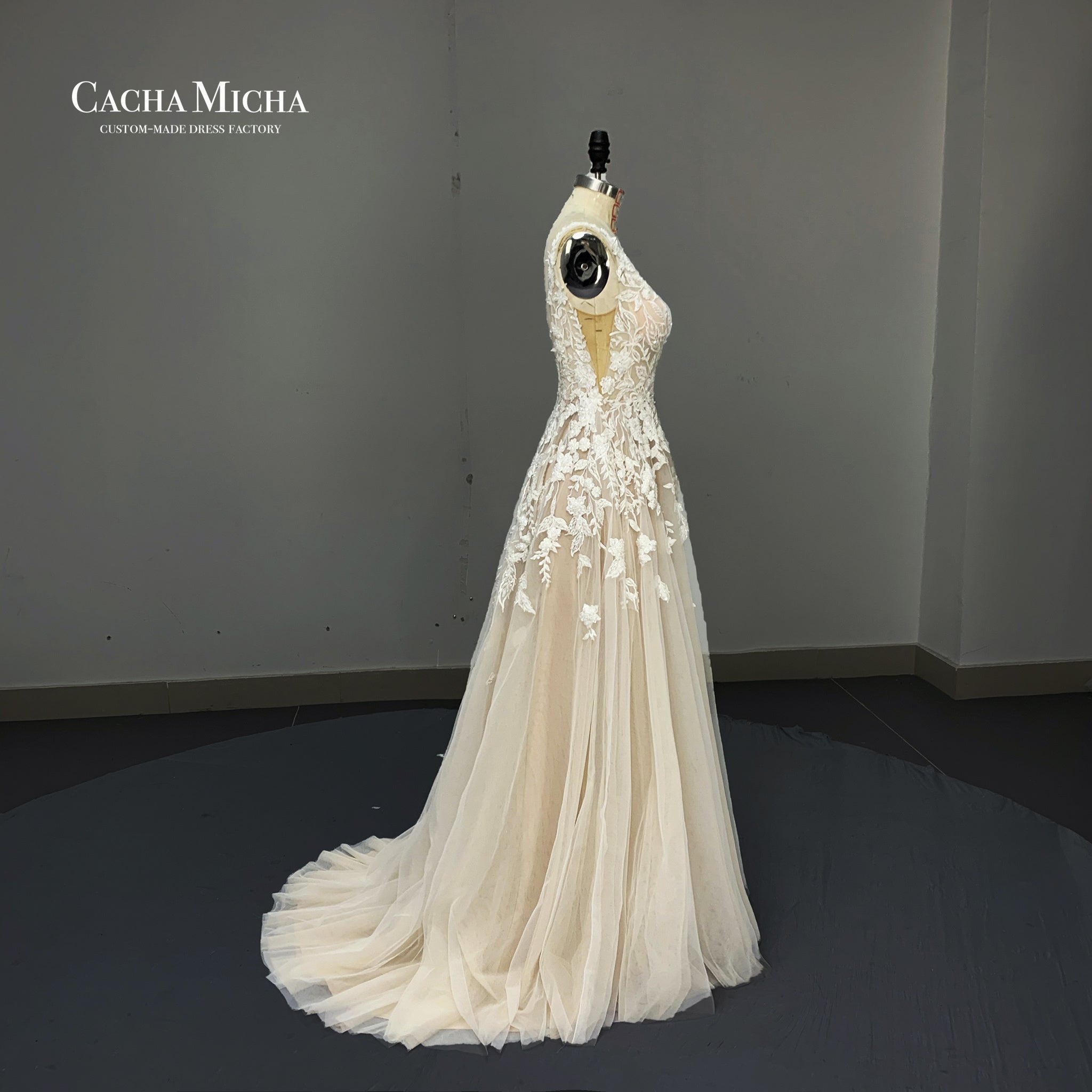 heavy beaded lace champagne wedding dress O505