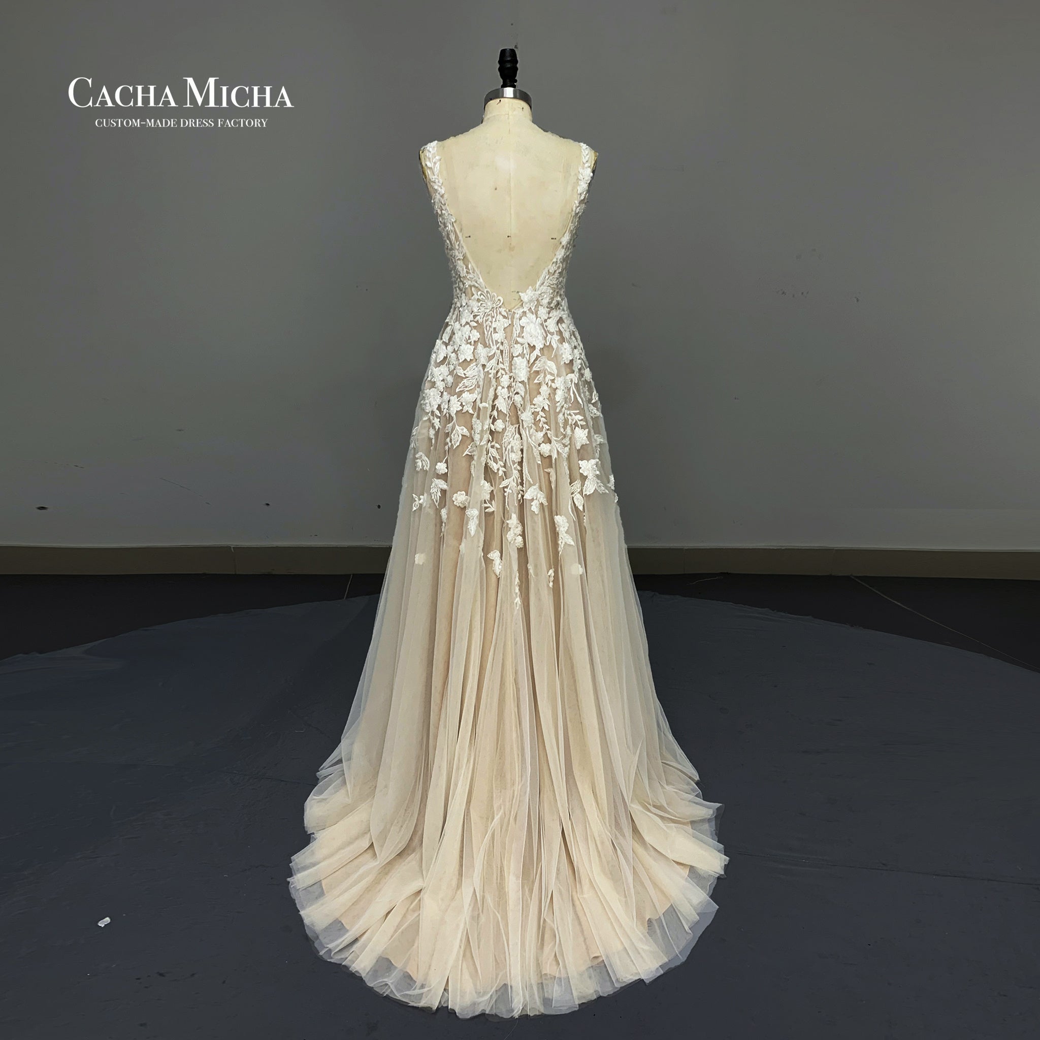 heavy beaded lace champagne wedding dress O505
