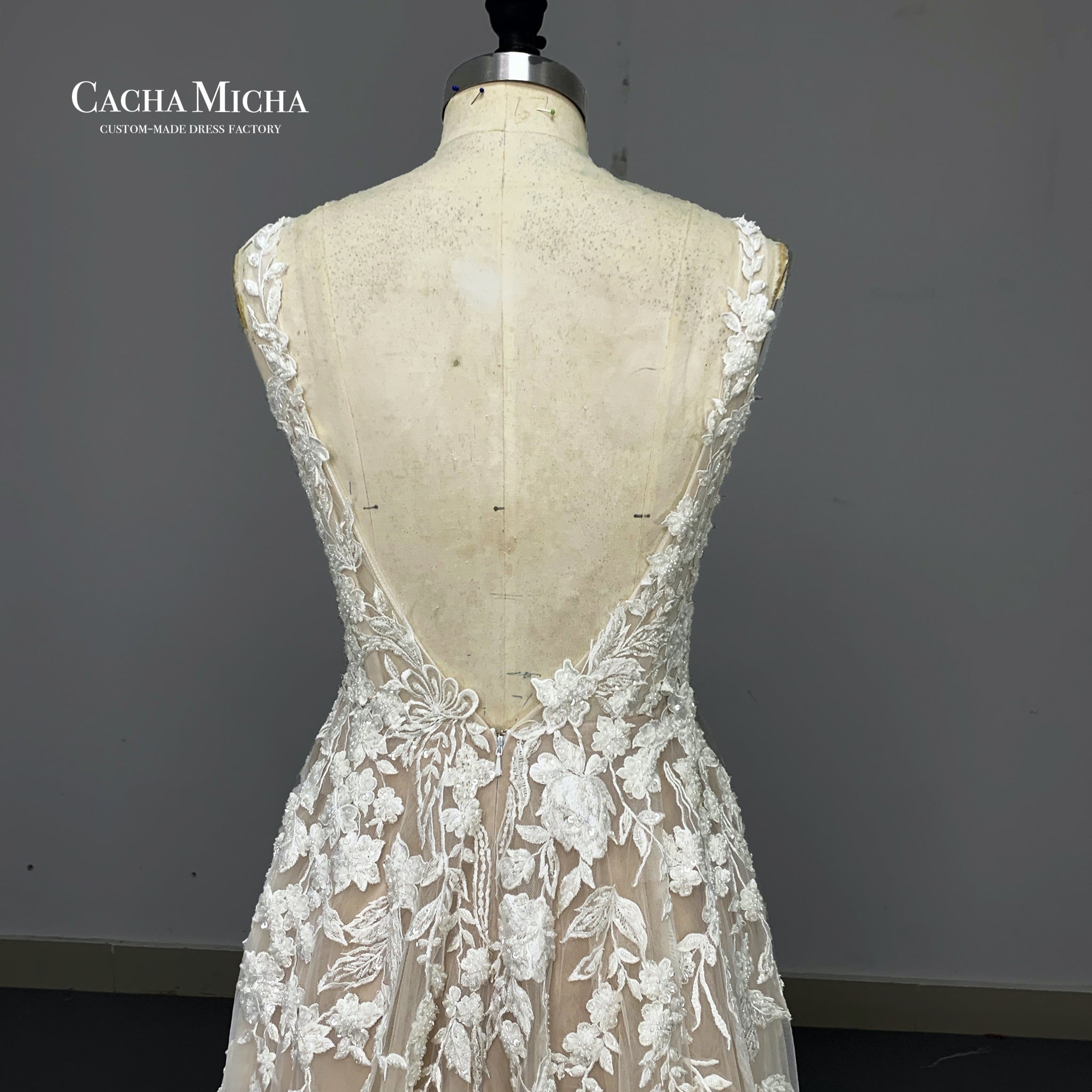 heavy beaded lace champagne wedding dress O505
