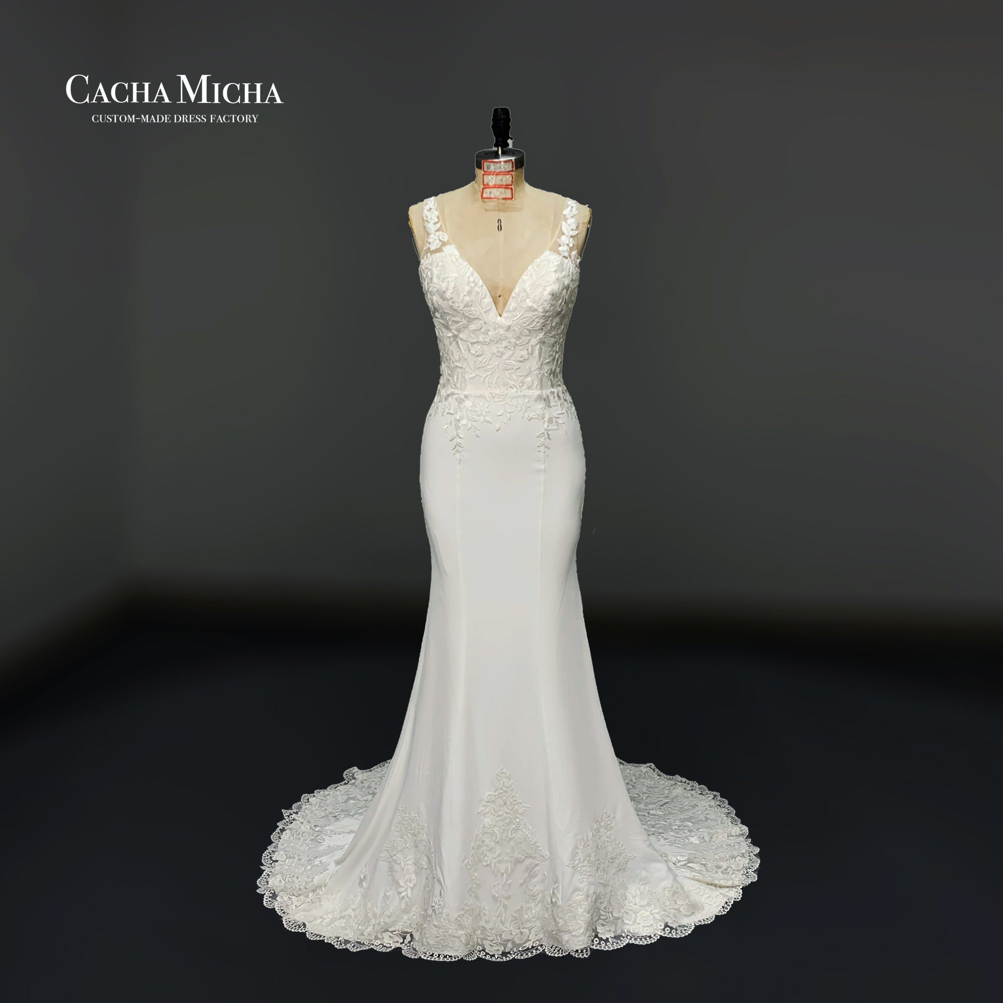 backless crepe wedding dress with cut-out train O506