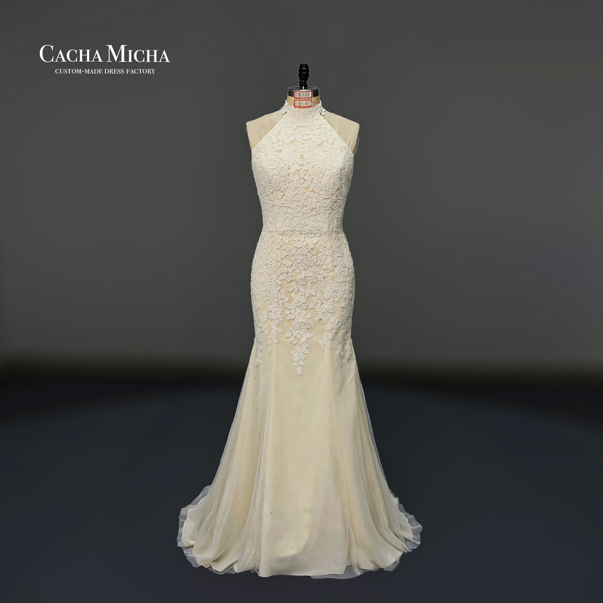halter neck lace meraid champagne boho bridal gown O515