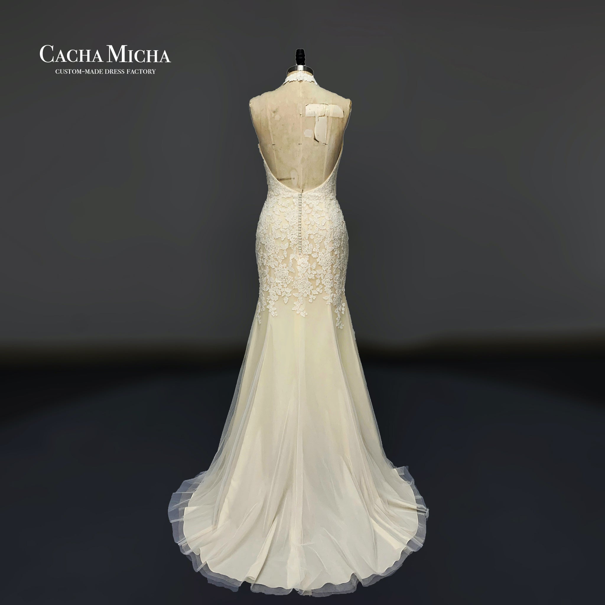 halter neck lace meraid champagne boho bridal gown O515