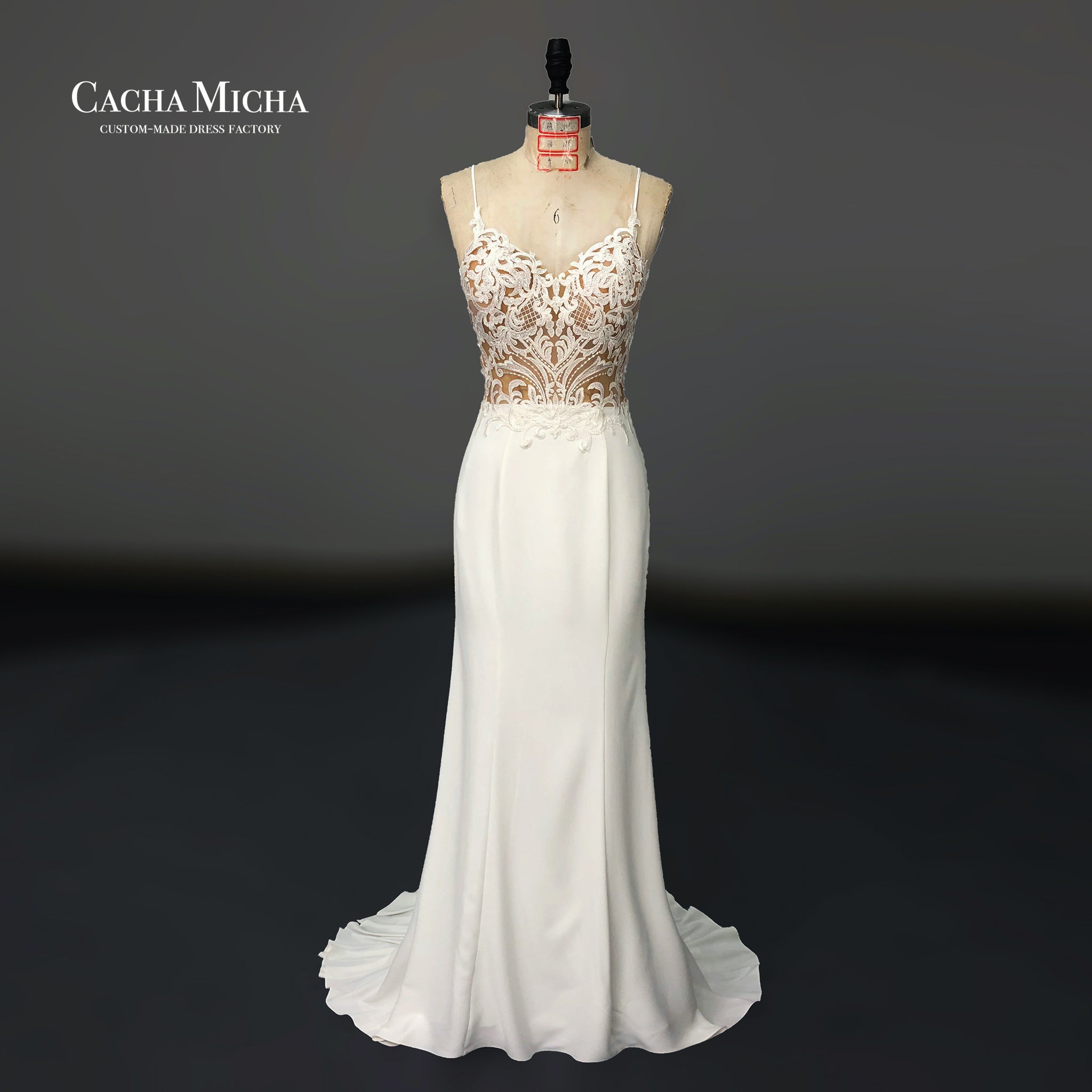 lace appliqued nude top crepe fitted wedding dress O519