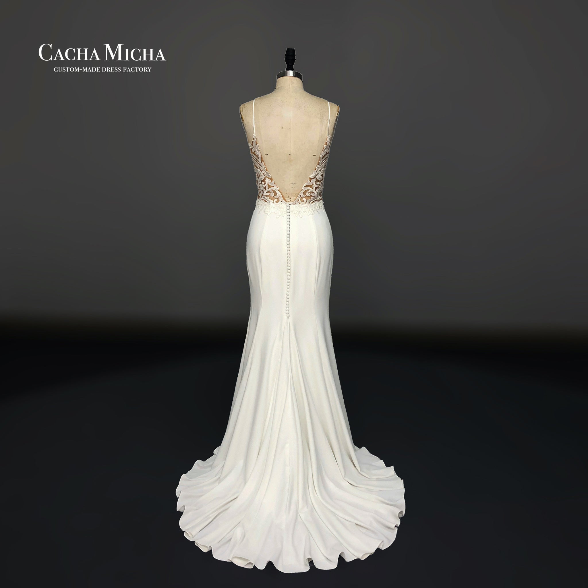 lace appliqued nude top crepe fitted wedding dress O519