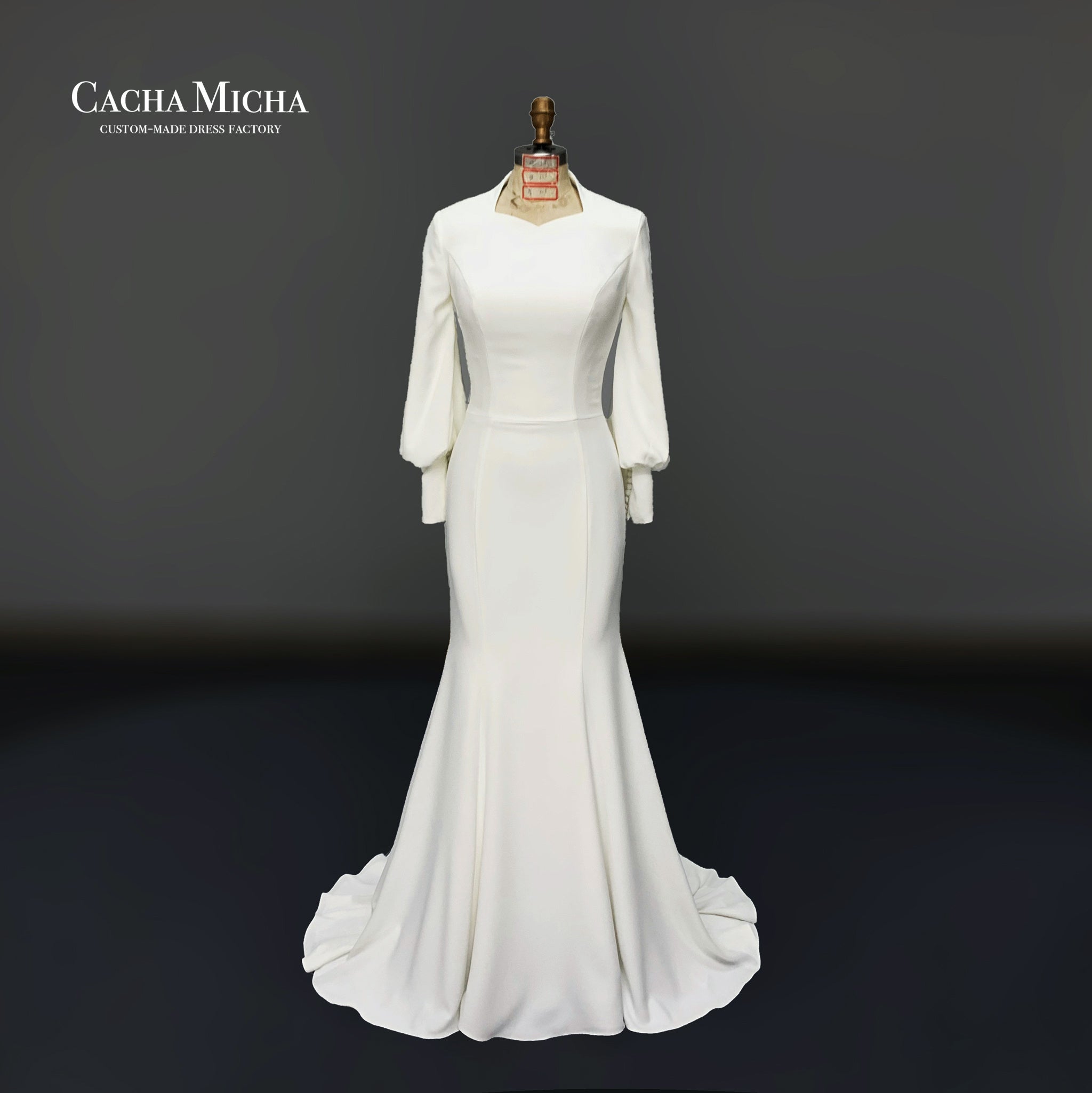 Queen Ann neckline long sleeves fishtail crepe muslim wedding gown O528