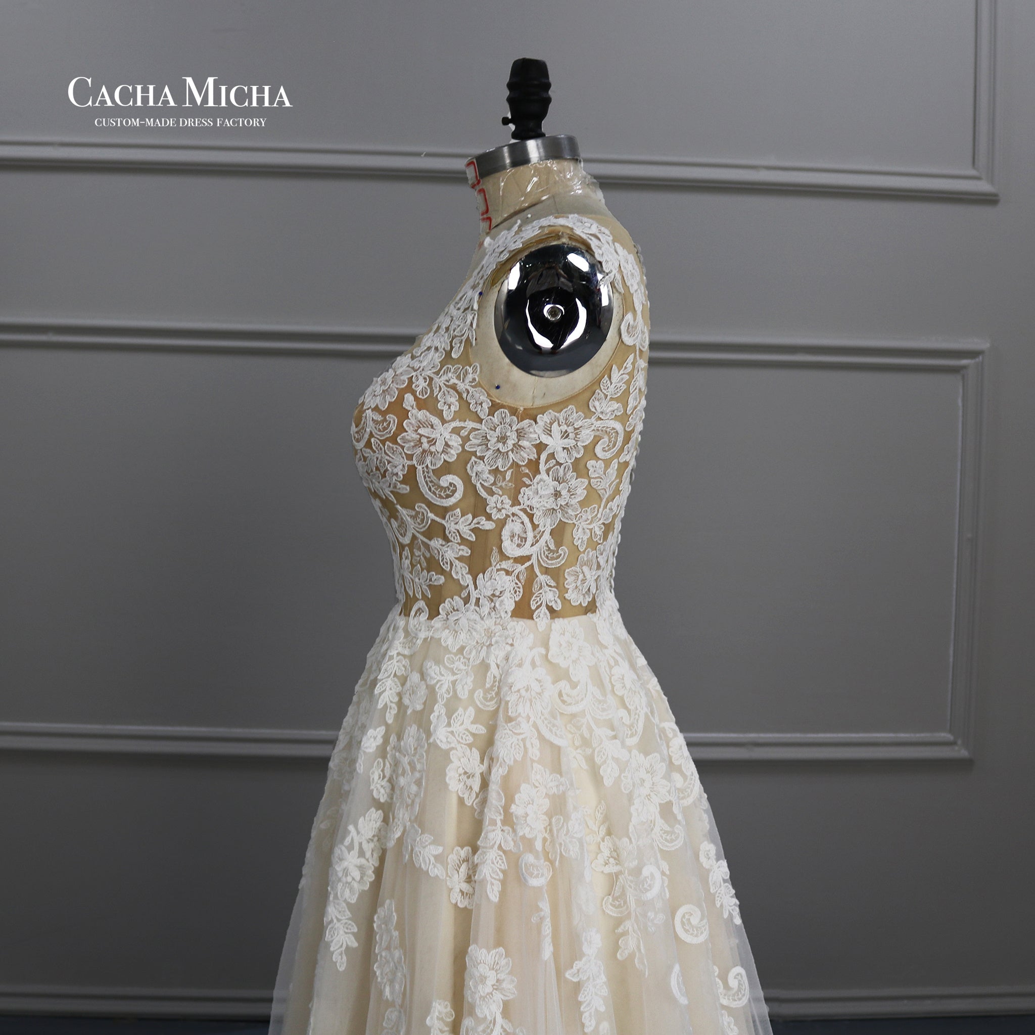 Sleeveless Champagne Color Lace Wedding Dress W1511