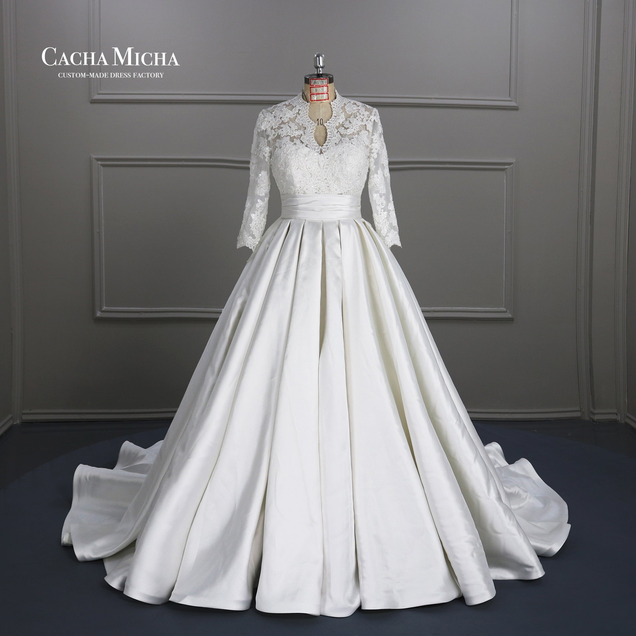 Lace Long Sleeves Mikado Skirt Royal Wedding Gown  W2232
