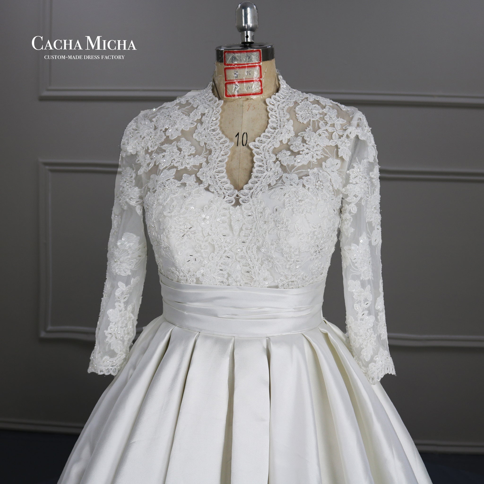 Lace Long Sleeves Mikado Skirt Royal Wedding Gown  W2232