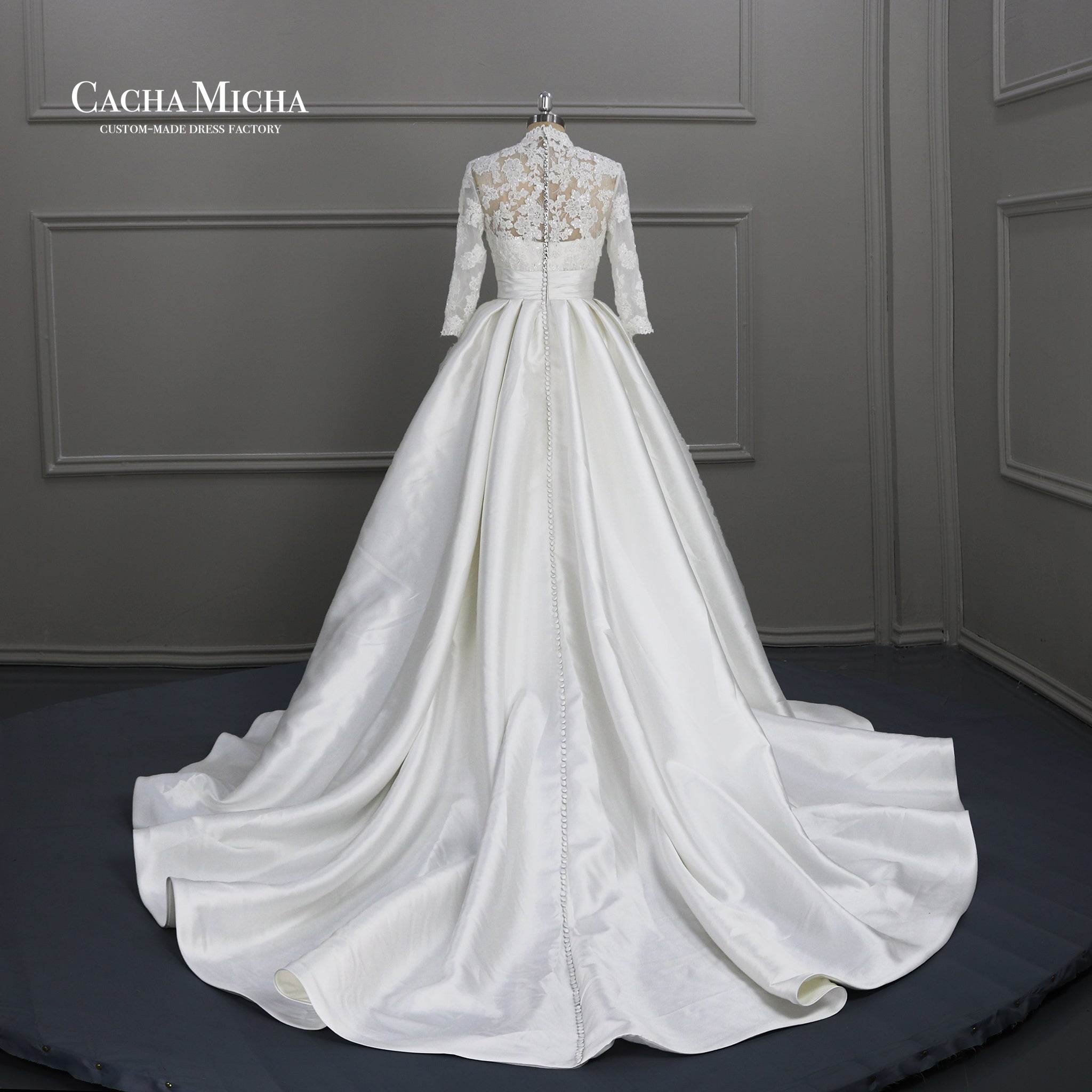 Lace Long Sleeves Mikado Skirt Royal Wedding Gown  W2232