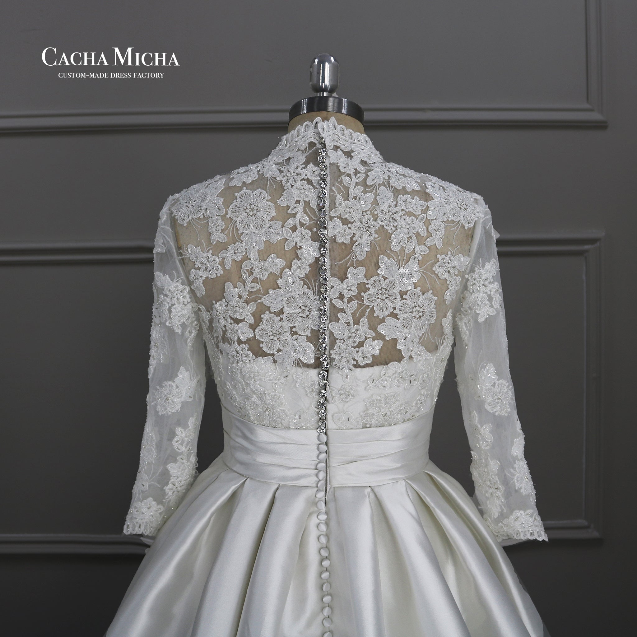 Lace Long Sleeves Mikado Skirt Royal Wedding Gown  W2232