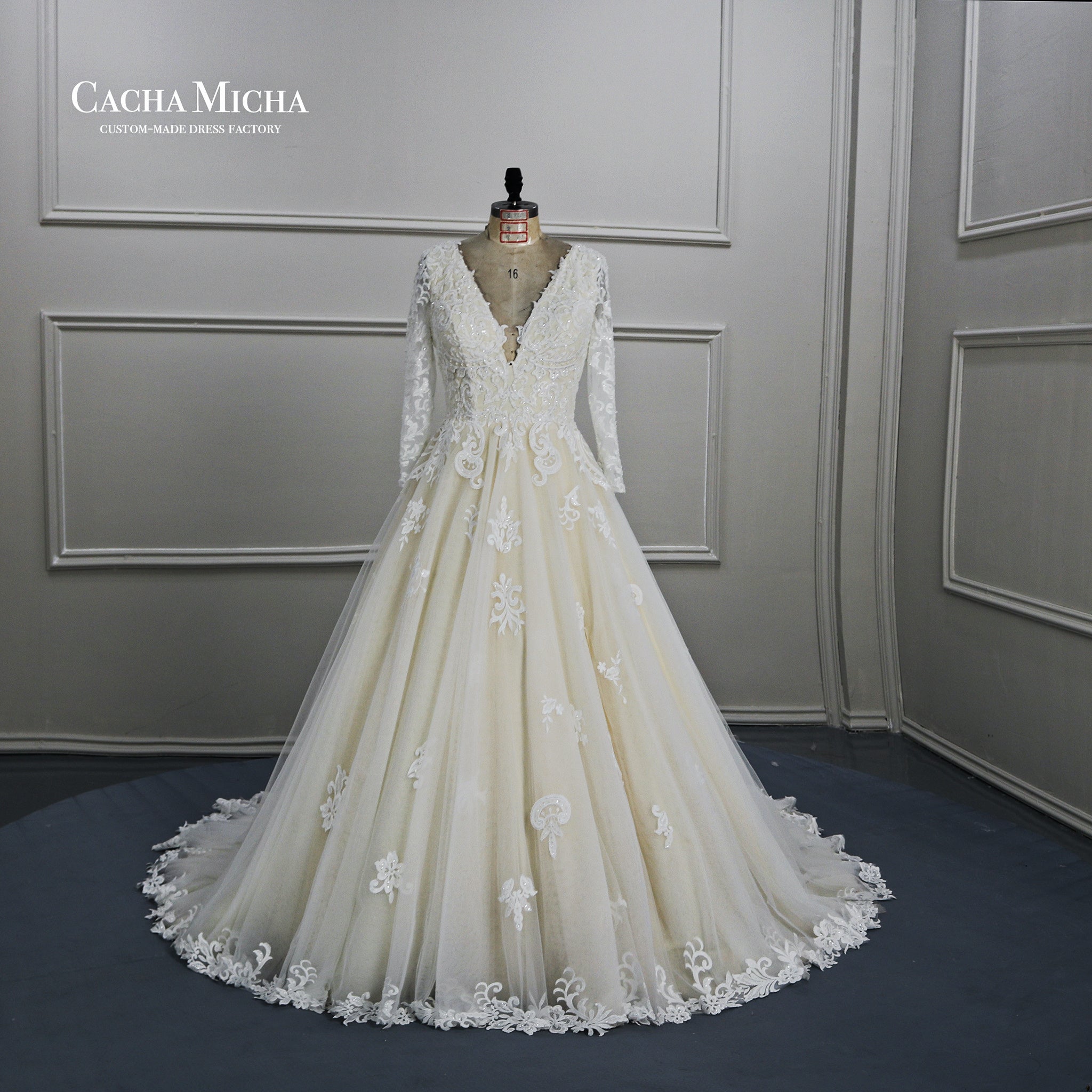 Light Champagne Long Sleeves Lace Wedding Gown W2259