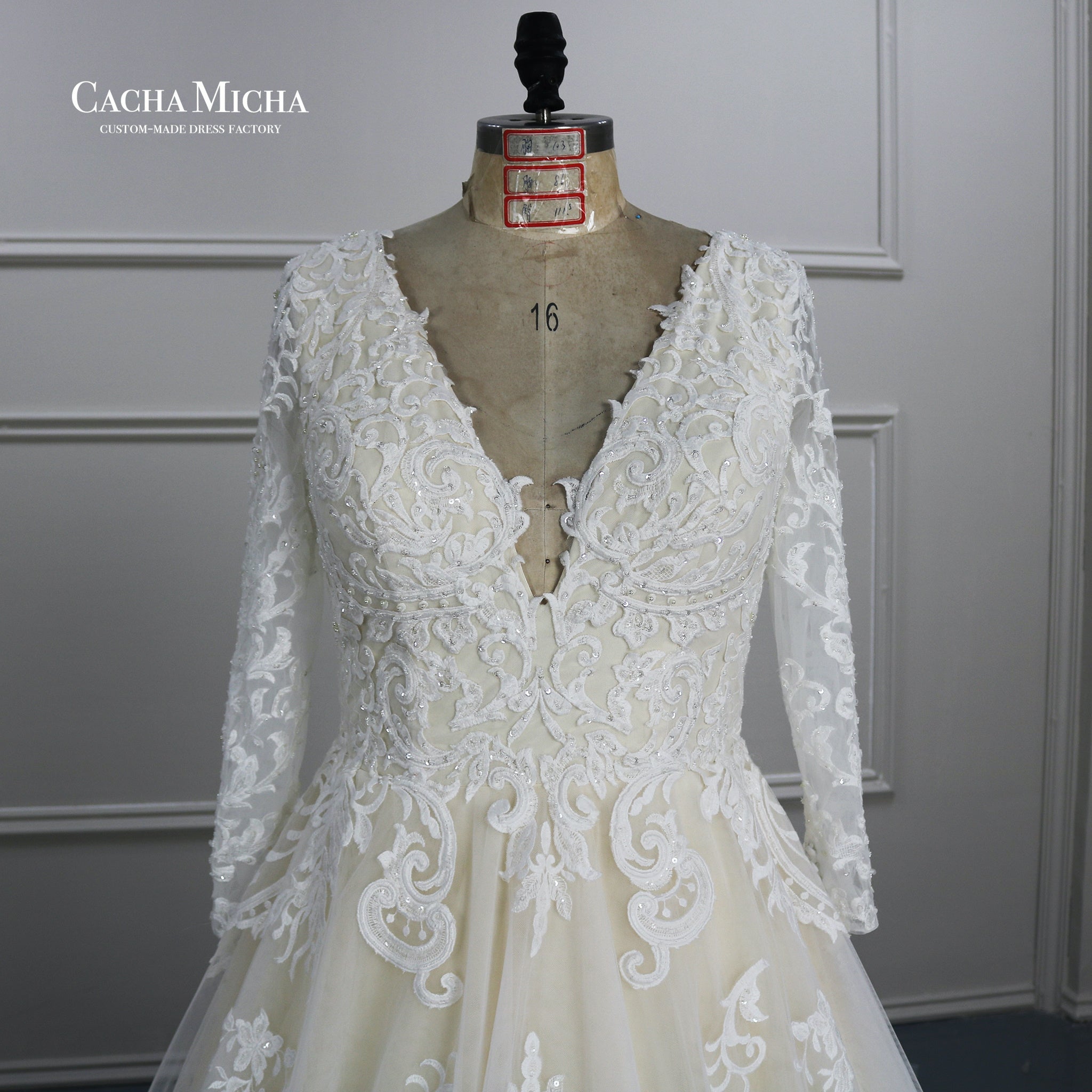 Light Champagne Long Sleeves Lace Wedding Gown W2259