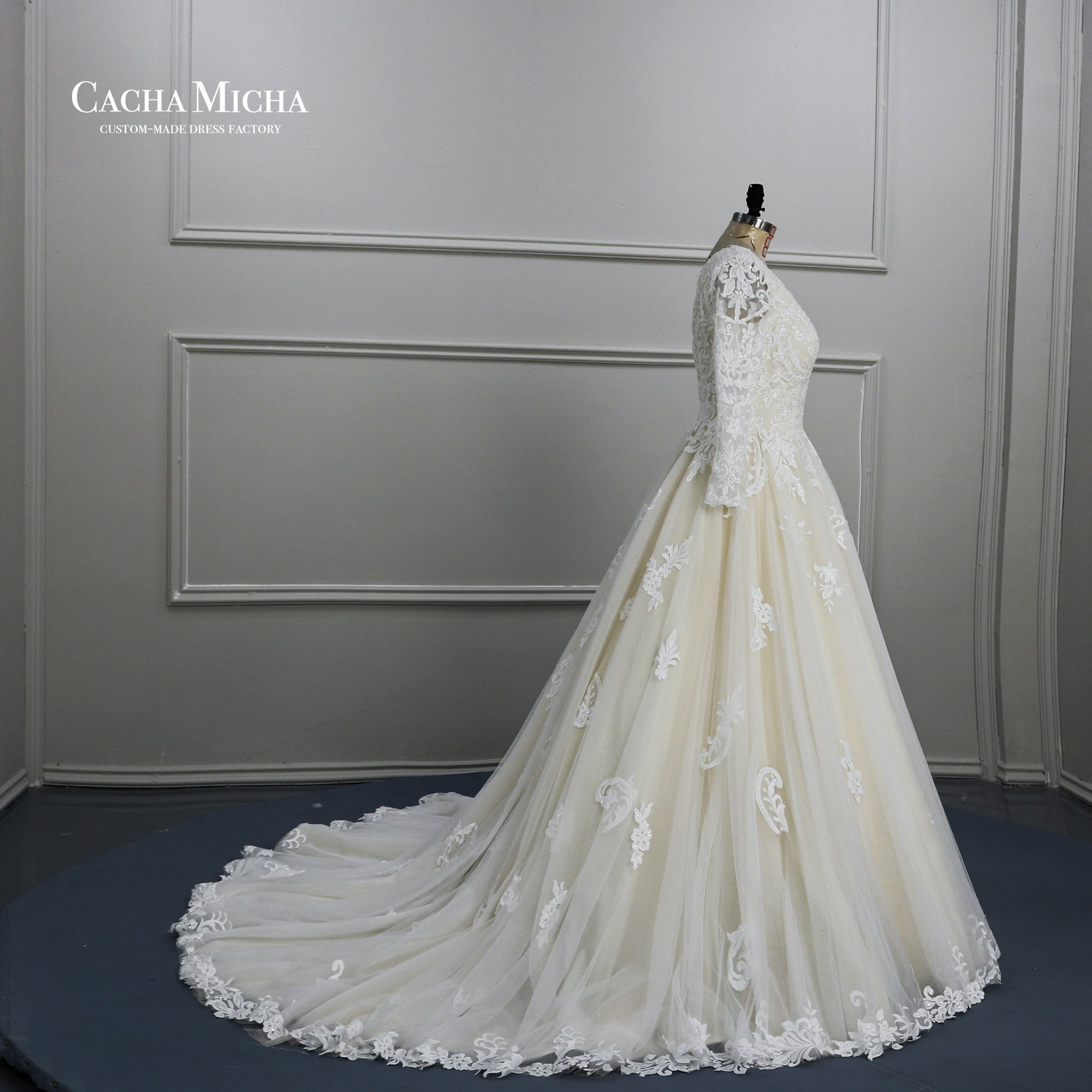 Light Champagne Long Sleeves Lace Wedding Gown W2259