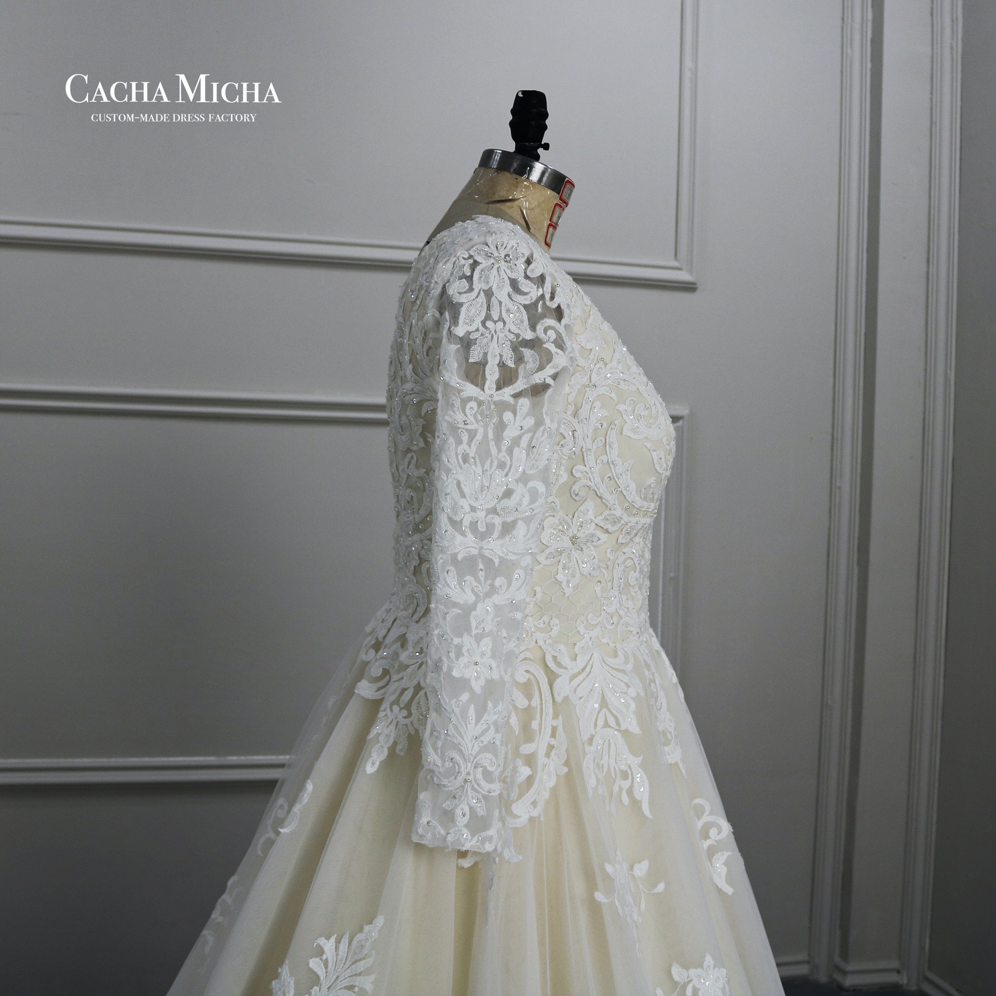 Light Champagne Long Sleeves Lace Wedding Gown W2259