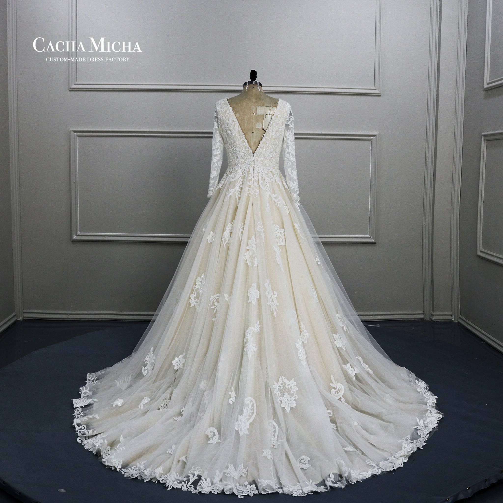 Light Champagne Long Sleeves Lace Wedding Gown W2259