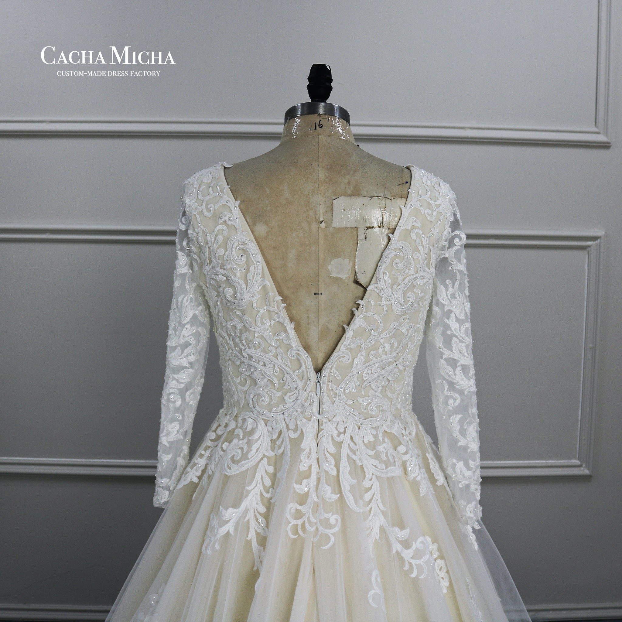 Light Champagne Long Sleeves Lace Wedding Gown W2259