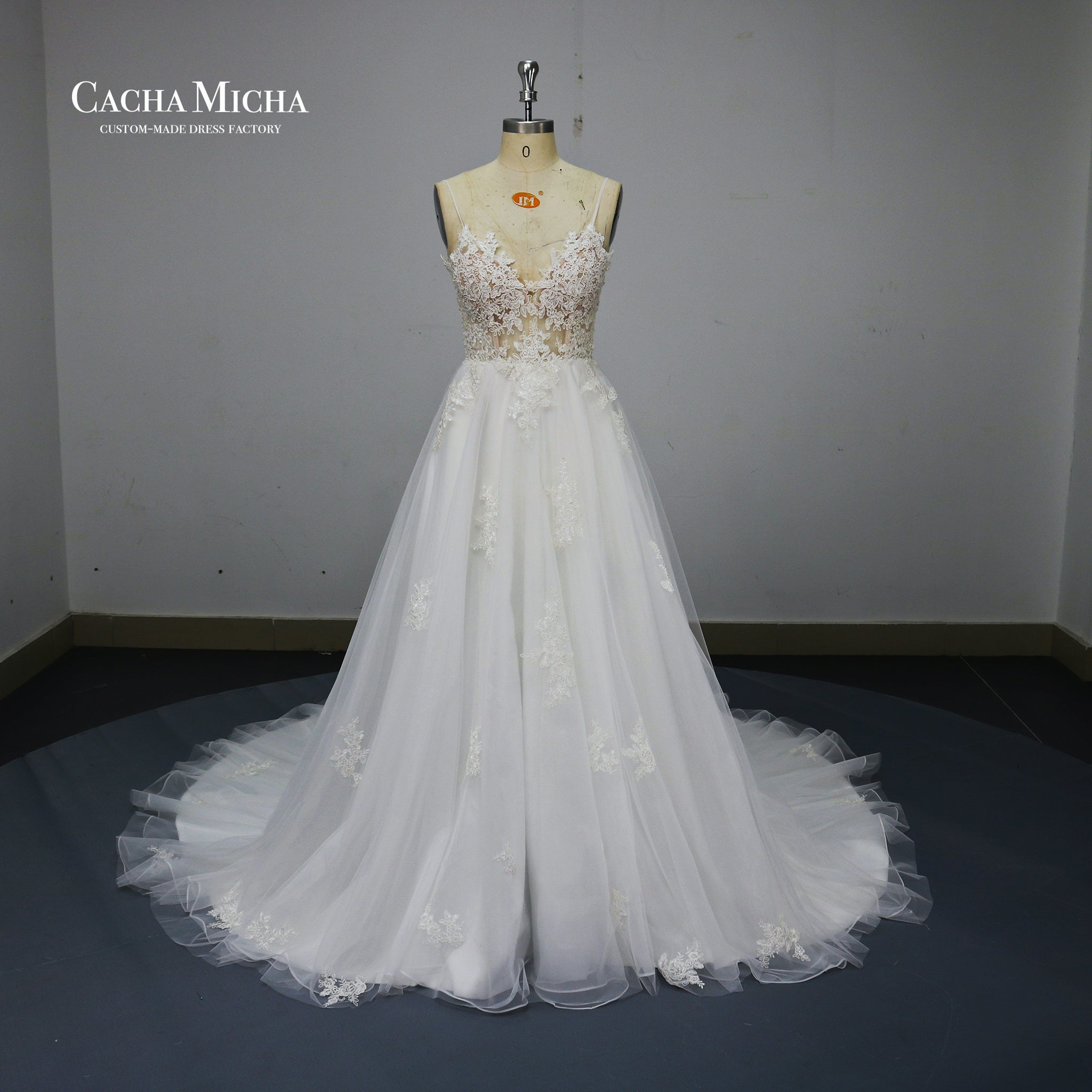 Appliqued Illusion Top Soft Tulle Bridal Gown W2437