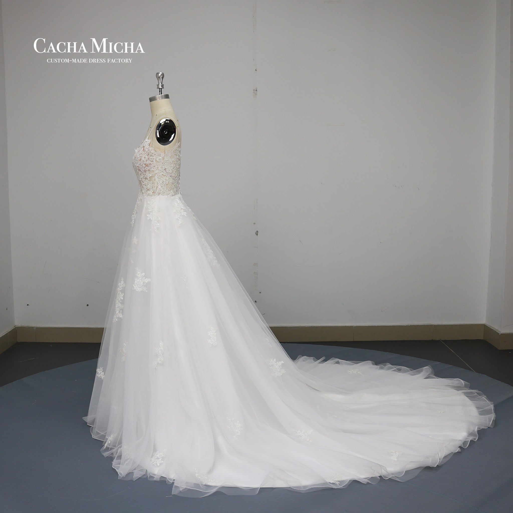 Appliqued Illusion Top Soft Tulle Bridal Gown W2437