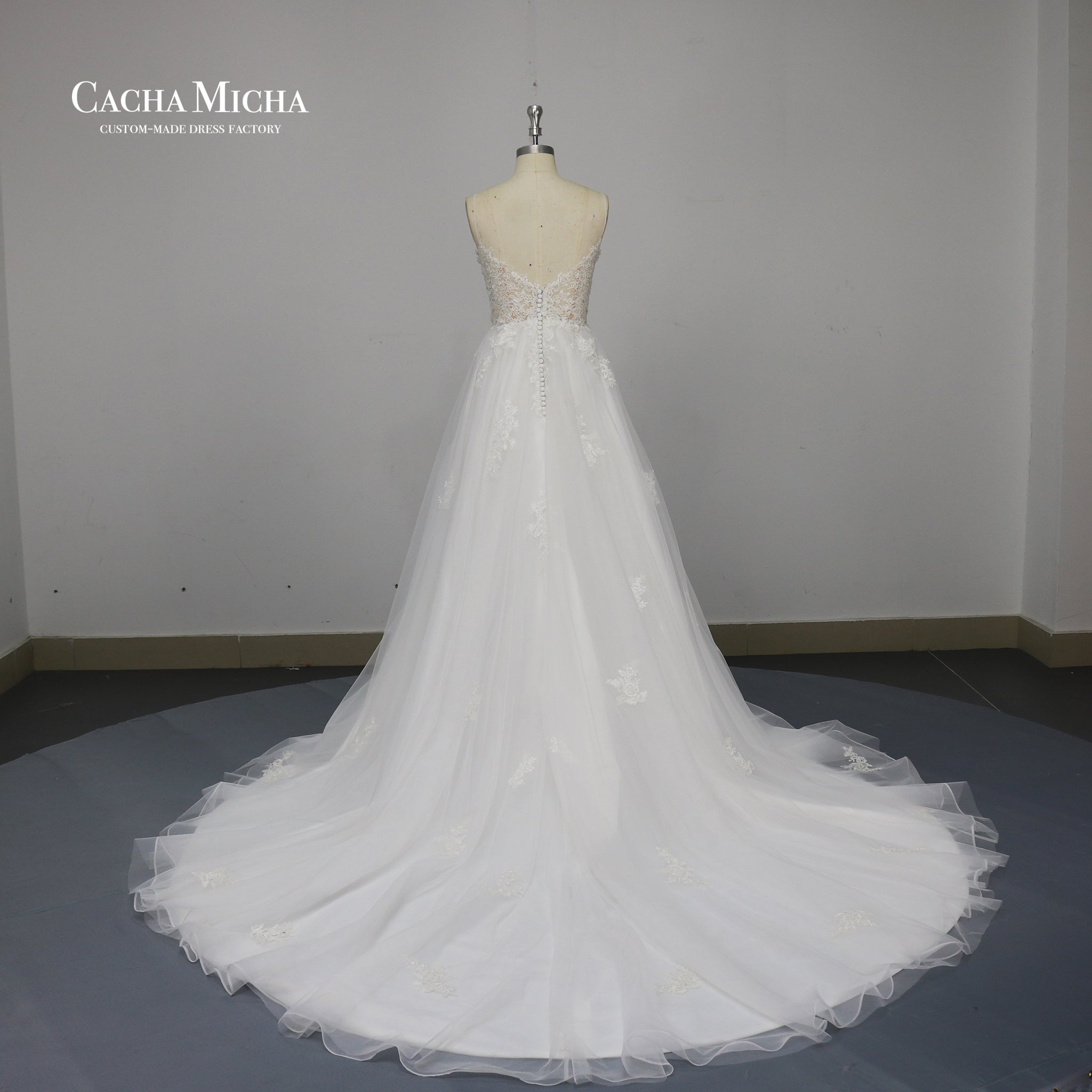 Appliqued Illusion Top Soft Tulle Bridal Gown W2437
